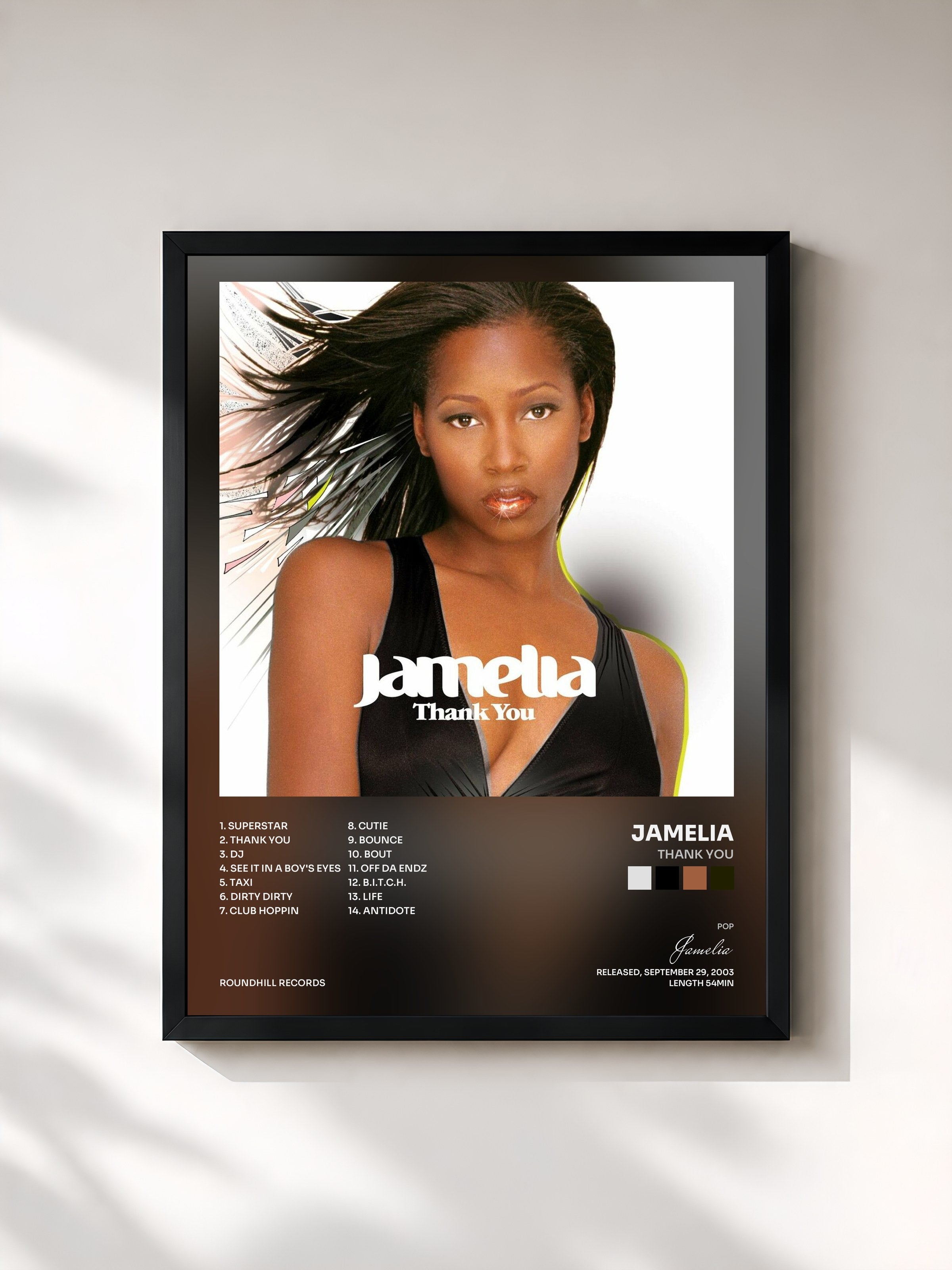 #noir Tableau de l'album Thank You de Jamelia, cadre noir, imprimé et encadré en France