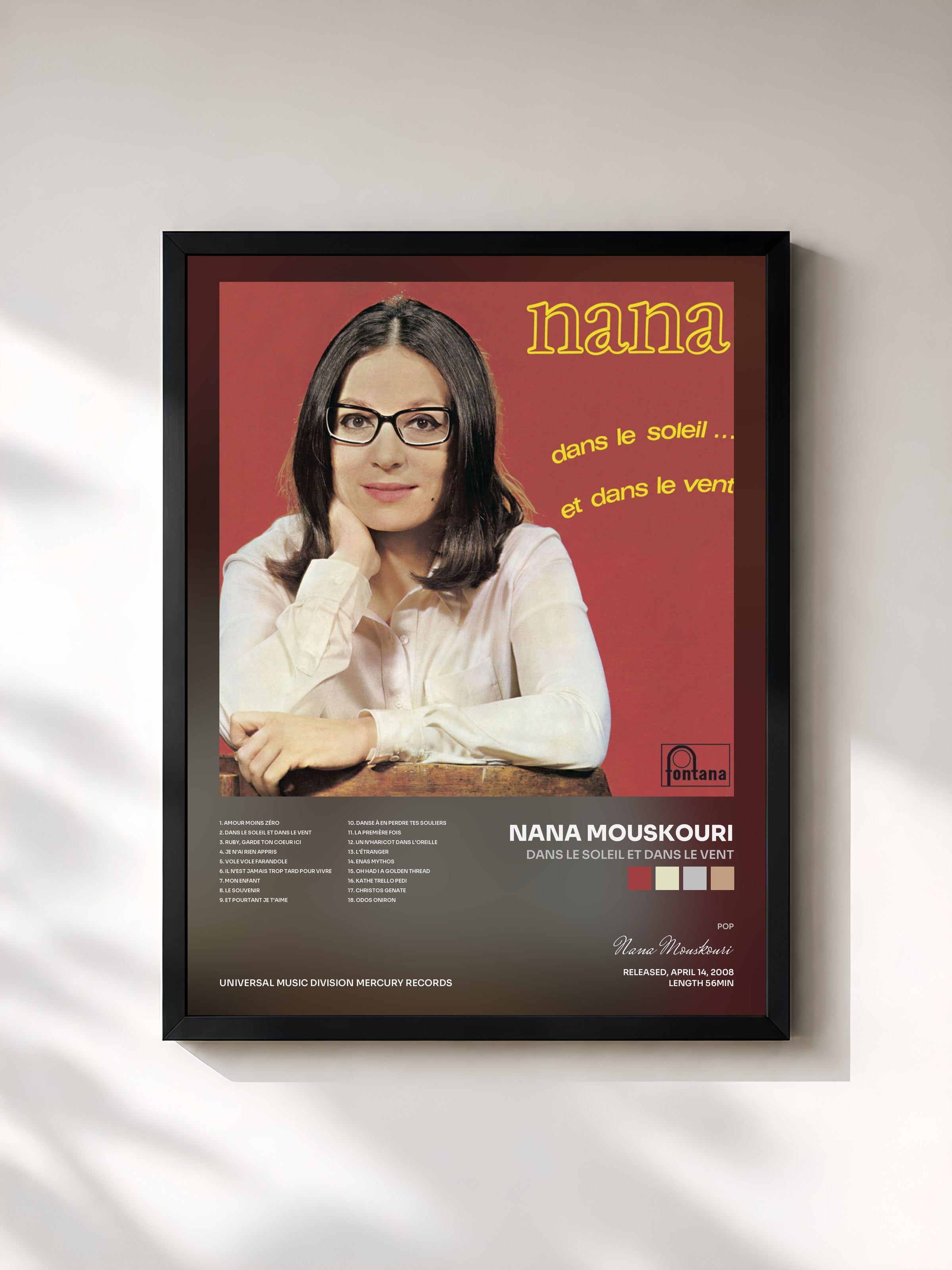 #noir Tableau de l'album Dans Le Soleil Et Dans Le Vent de Nana Mouskouri, cadre noir, imprimé et encadré en France