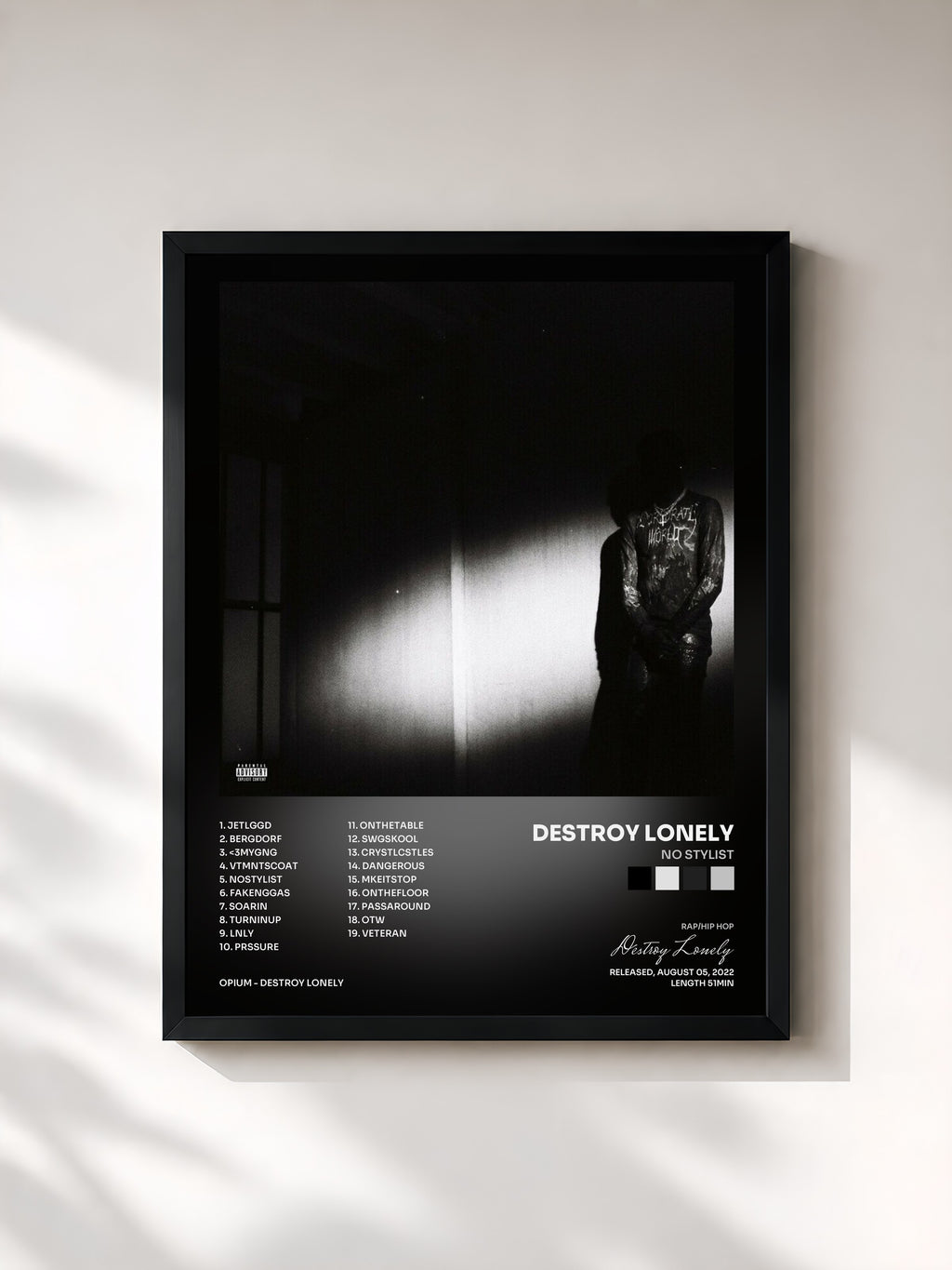 #noir Tableau de l'album NO STYLIST de Destroy Lonely, cadre noir, imprimé et encadré en France