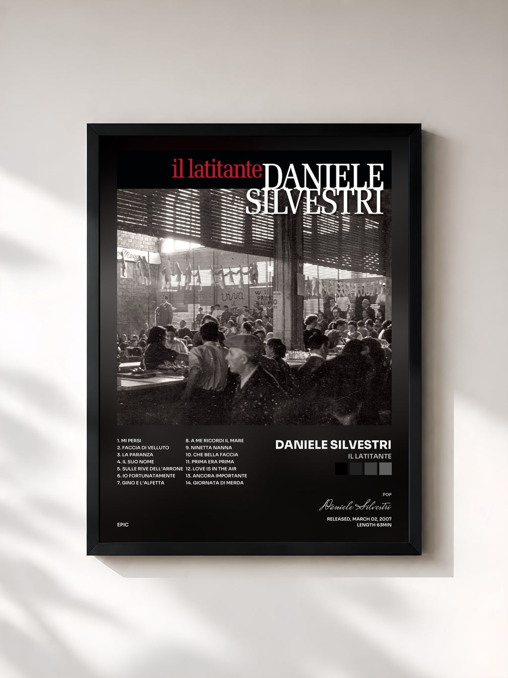 #noir Tableau de l'album Il Latitante de Daniele Silvestri, cadre noir, imprimé et encadré en France