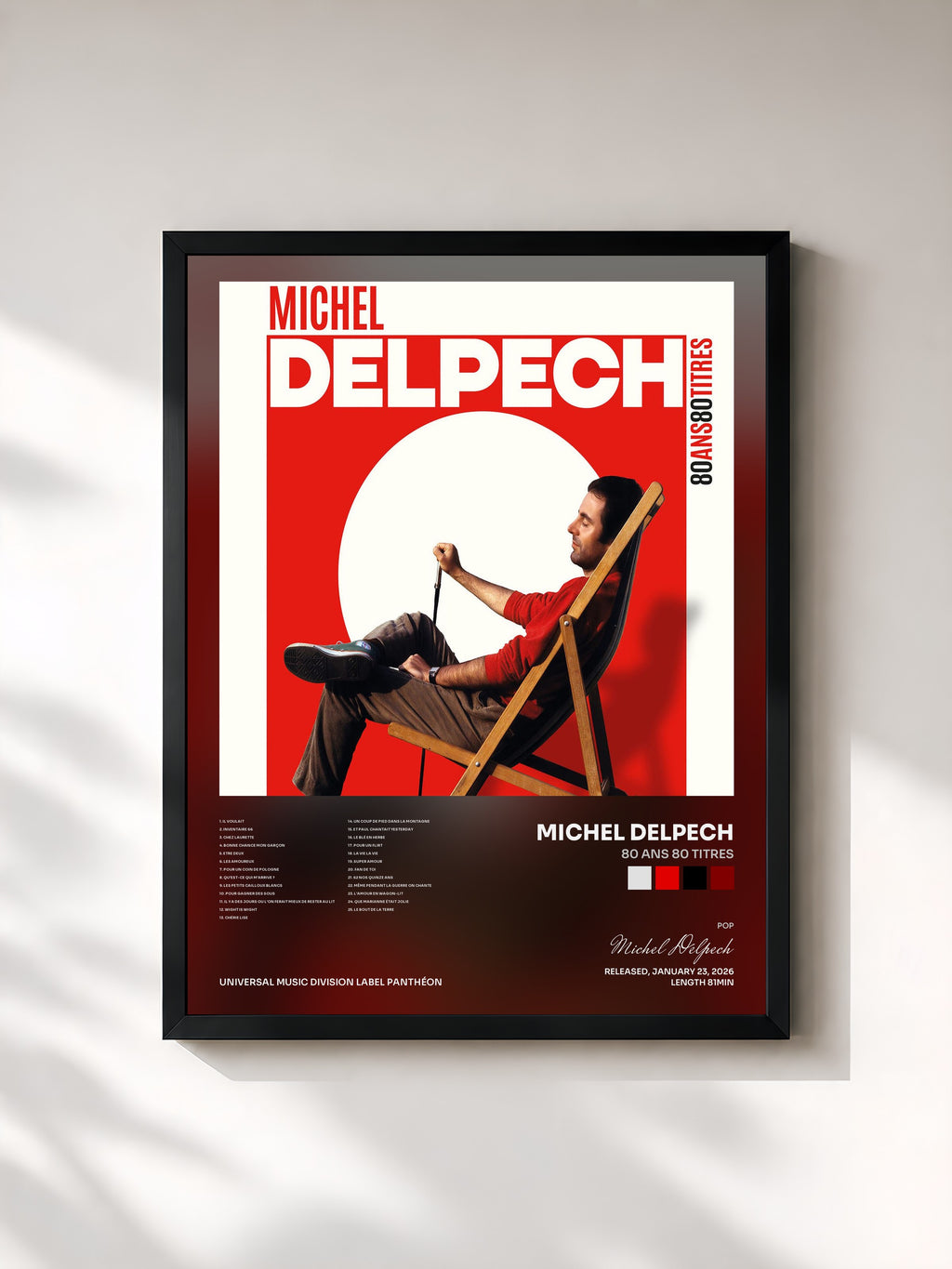 #noir Tableau de l'album 80 ans 80 titres de Michel Delpech, cadre noir, imprimé et encadré en France