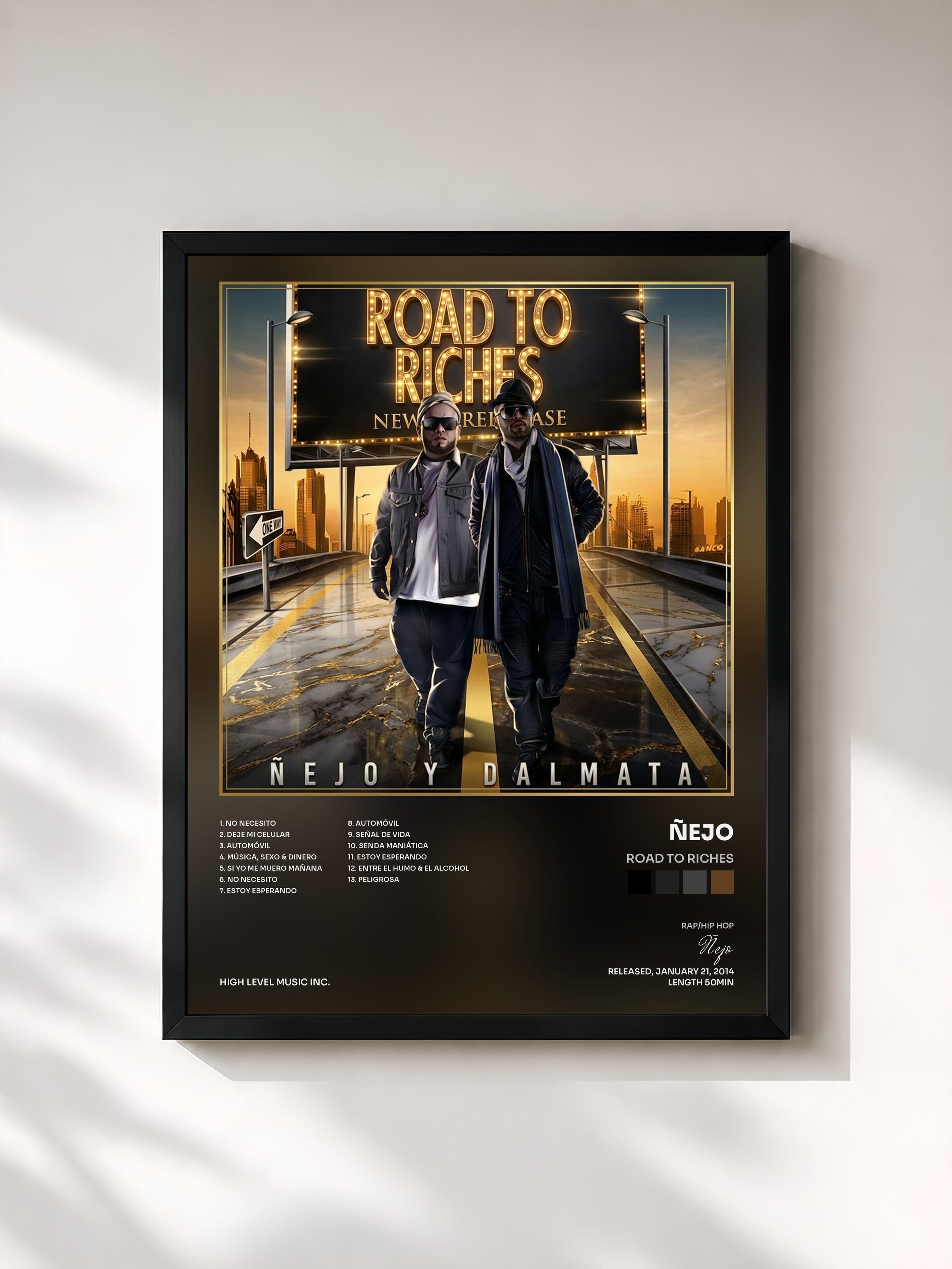 #noir Tableau de l'album Road To Riches de Ñejo, cadre noir, imprimé et encadré en France