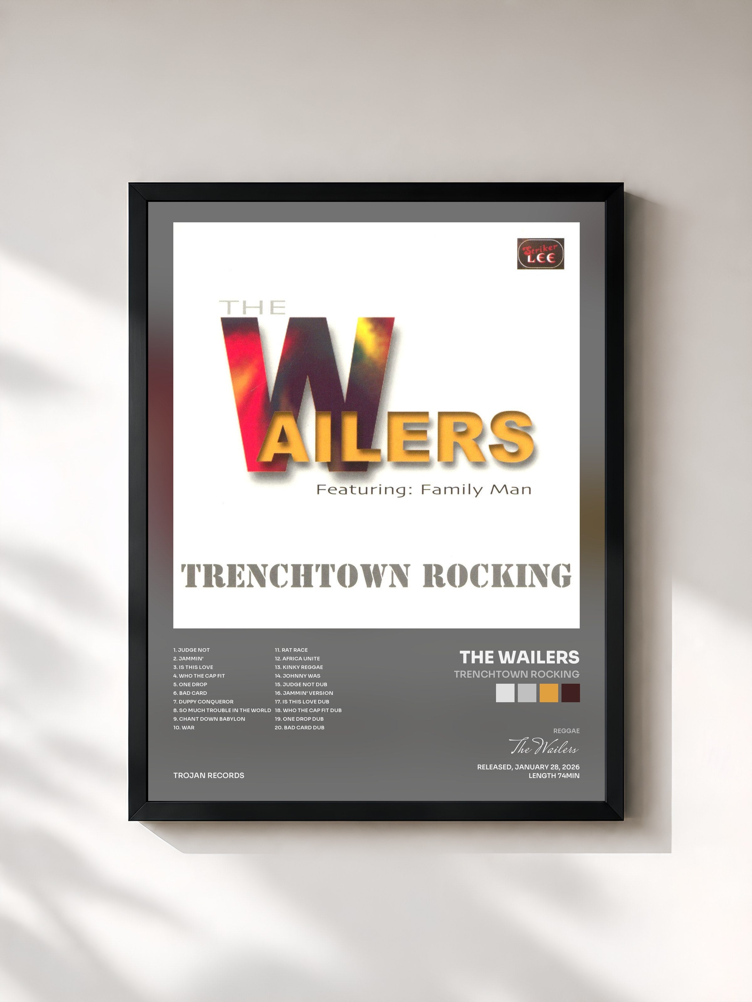 #noir Tableau de l'album Trenchtown Rocking de The Wailers, cadre noir, imprimé et encadré en France