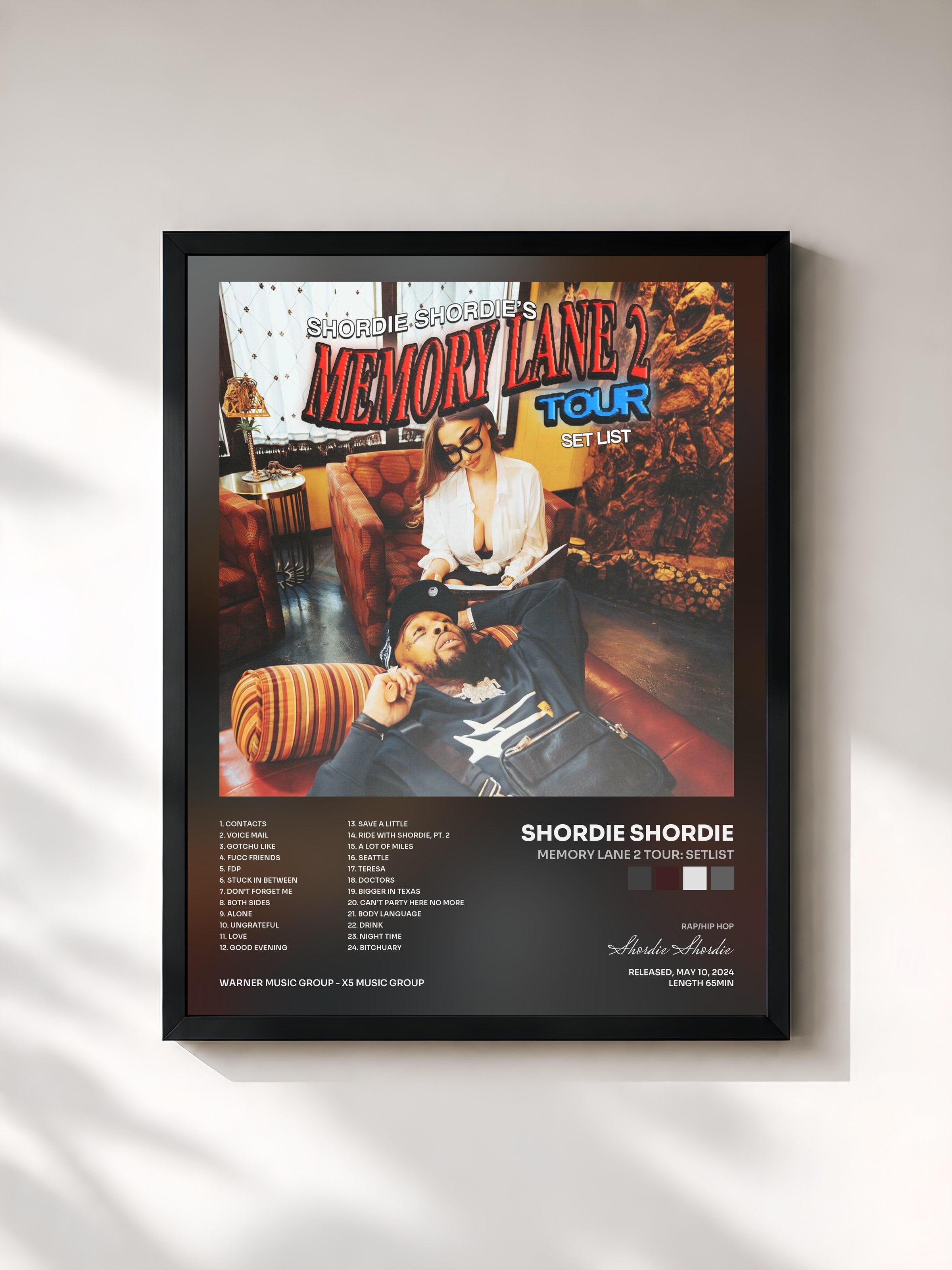 #noir Tableau de l'album Memory Lane 2 Tour: Setlist de Shordie Shordie, cadre noir, imprimé et encadré en France