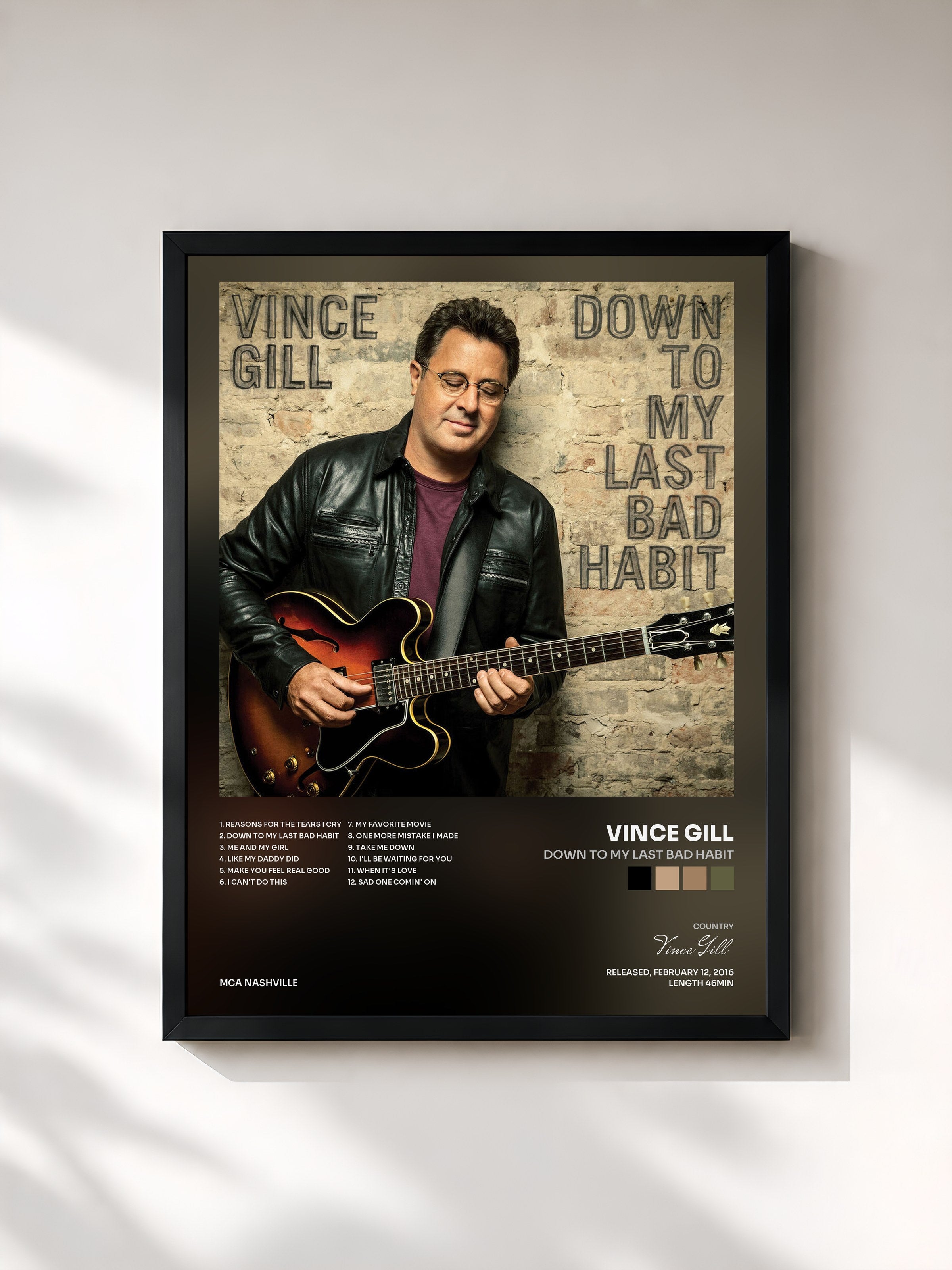 #noir Tableau de l'album Down To My Last Bad Habit de Vince Gill, cadre noir, imprimé et encadré en France