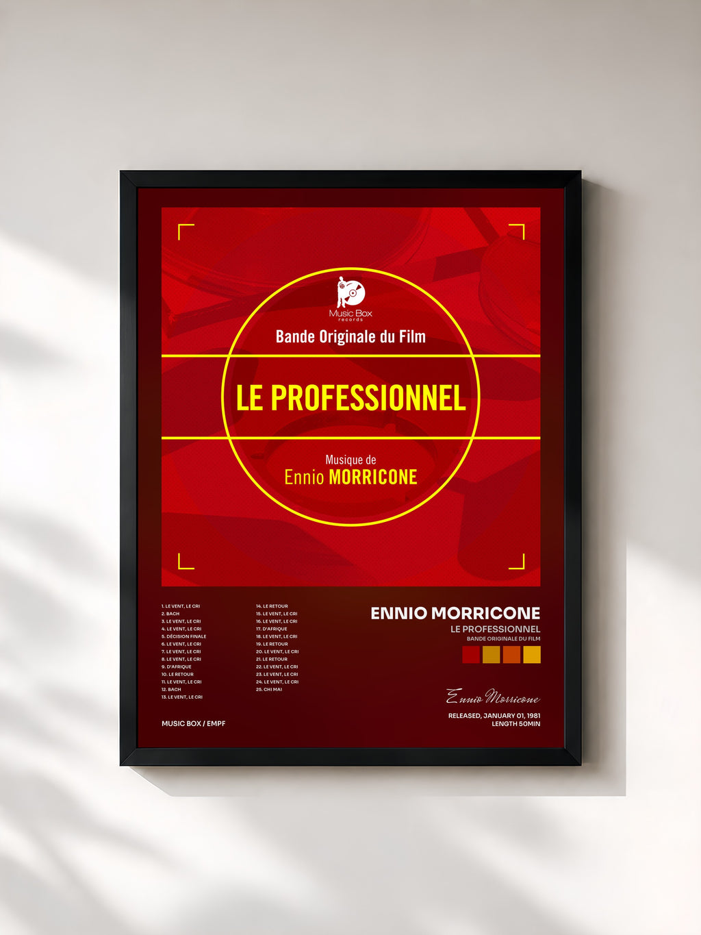 #noir Tableau de l'album Le professionnel (Bande originale du film) de Ennio Morricone, cadre noir, imprimé et encadré en France