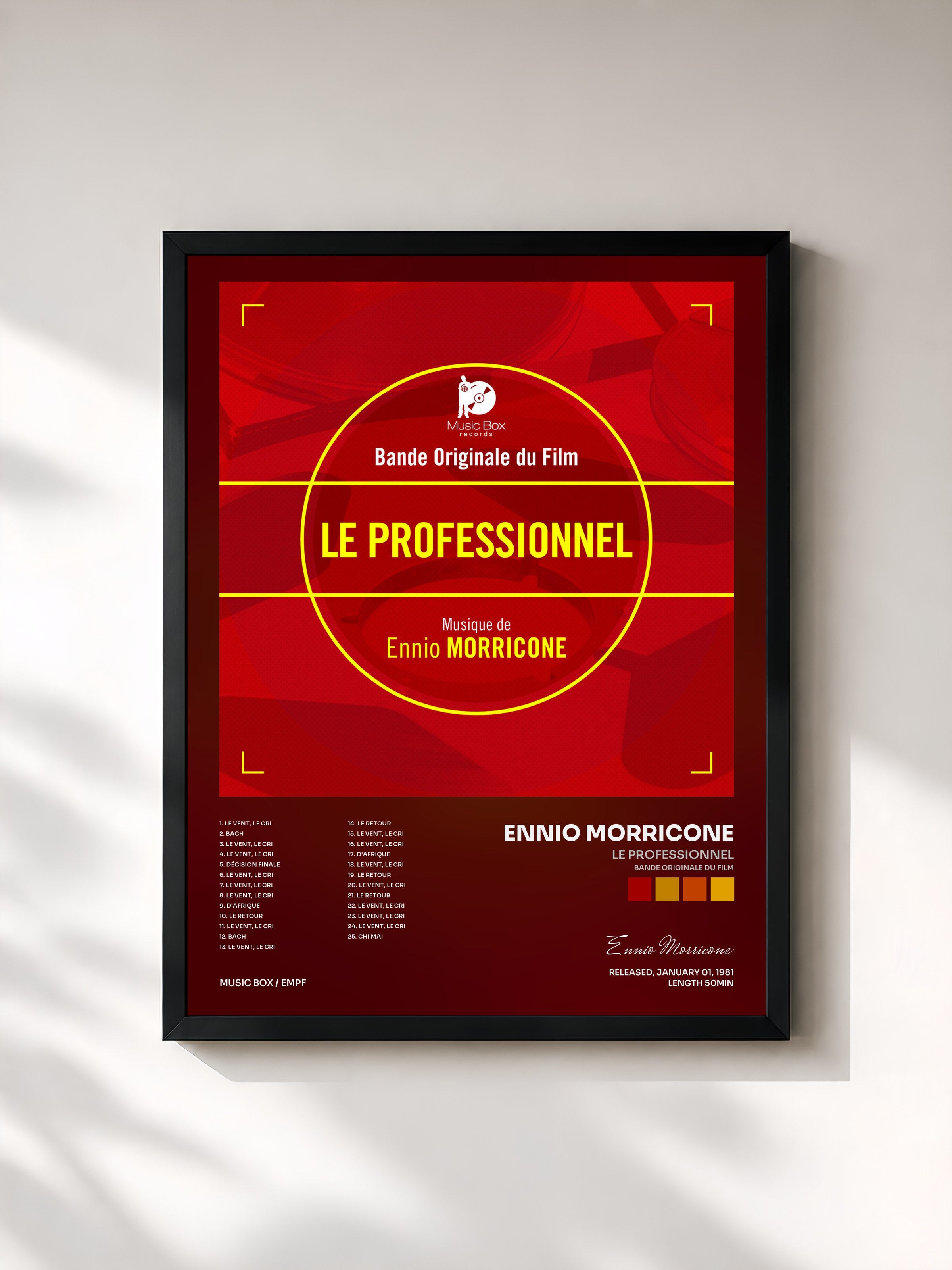 #noir Tableau de l'album Le professionnel (Bande originale du film) de Ennio Morricone, cadre noir, imprimé et encadré en France