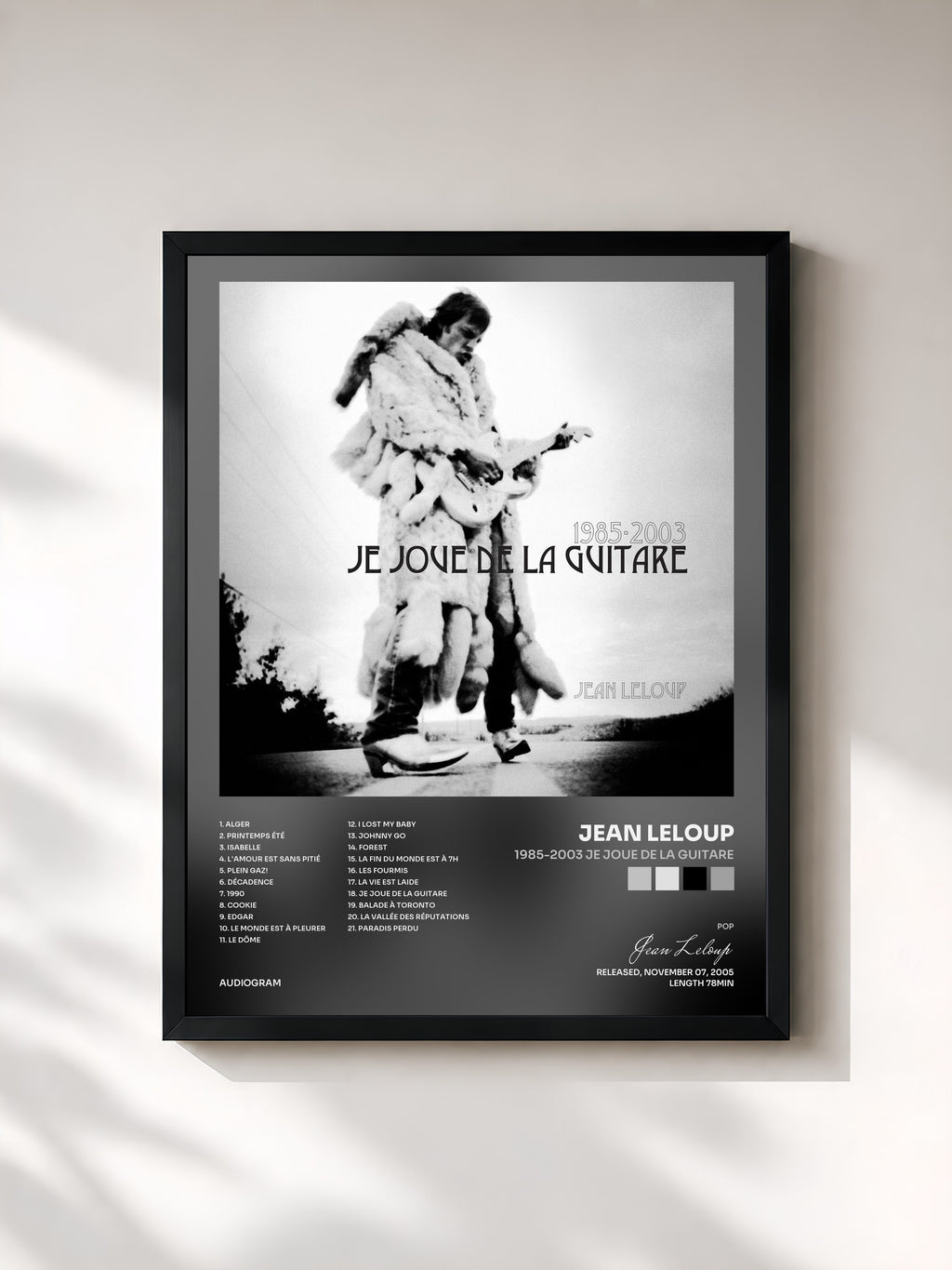 #noir Tableau de l'album 1985-2003 Je joue de la guitare de Jean Leloup, cadre noir, imprimé et encadré en France