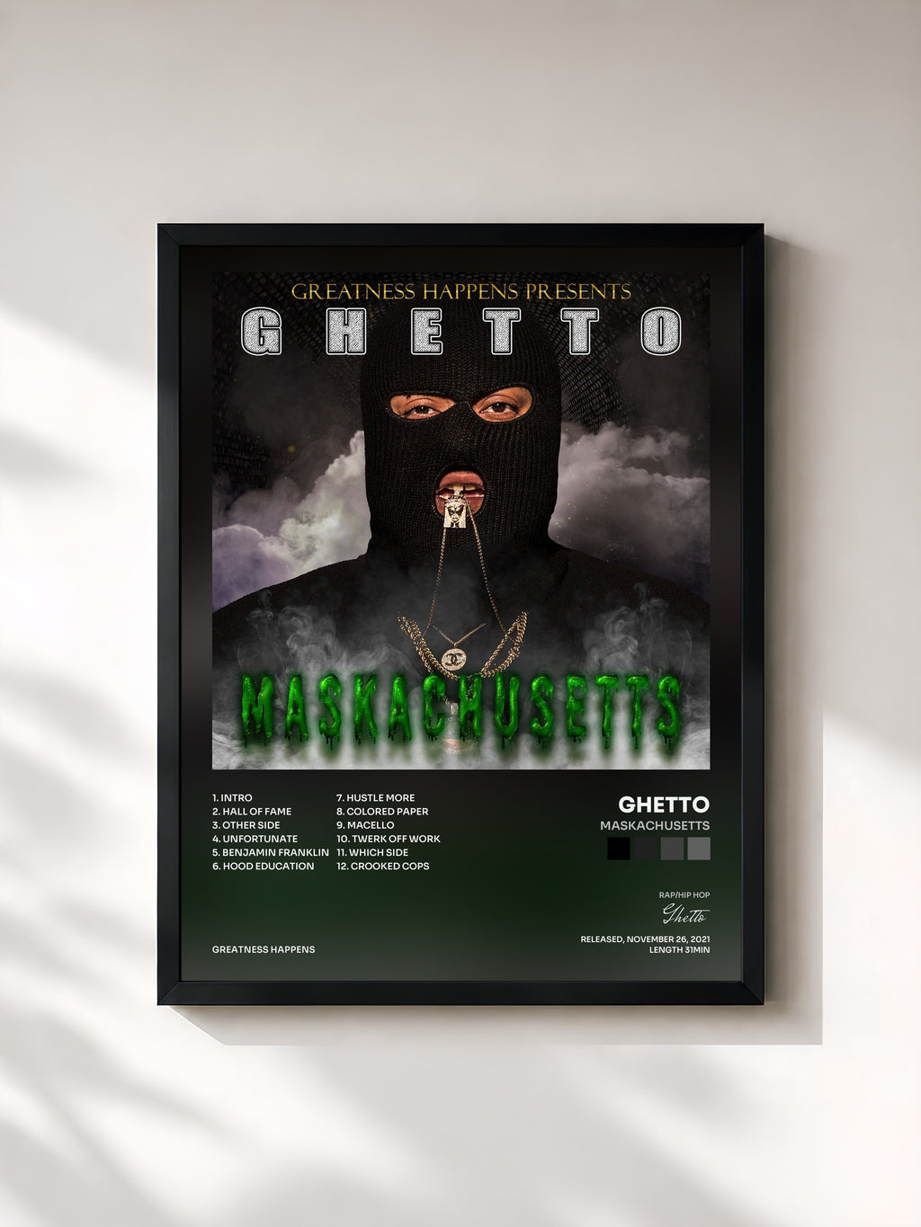 #noir Tableau de l'album Maskachusetts de Ghetto, cadre noir, imprimé et encadré en France
