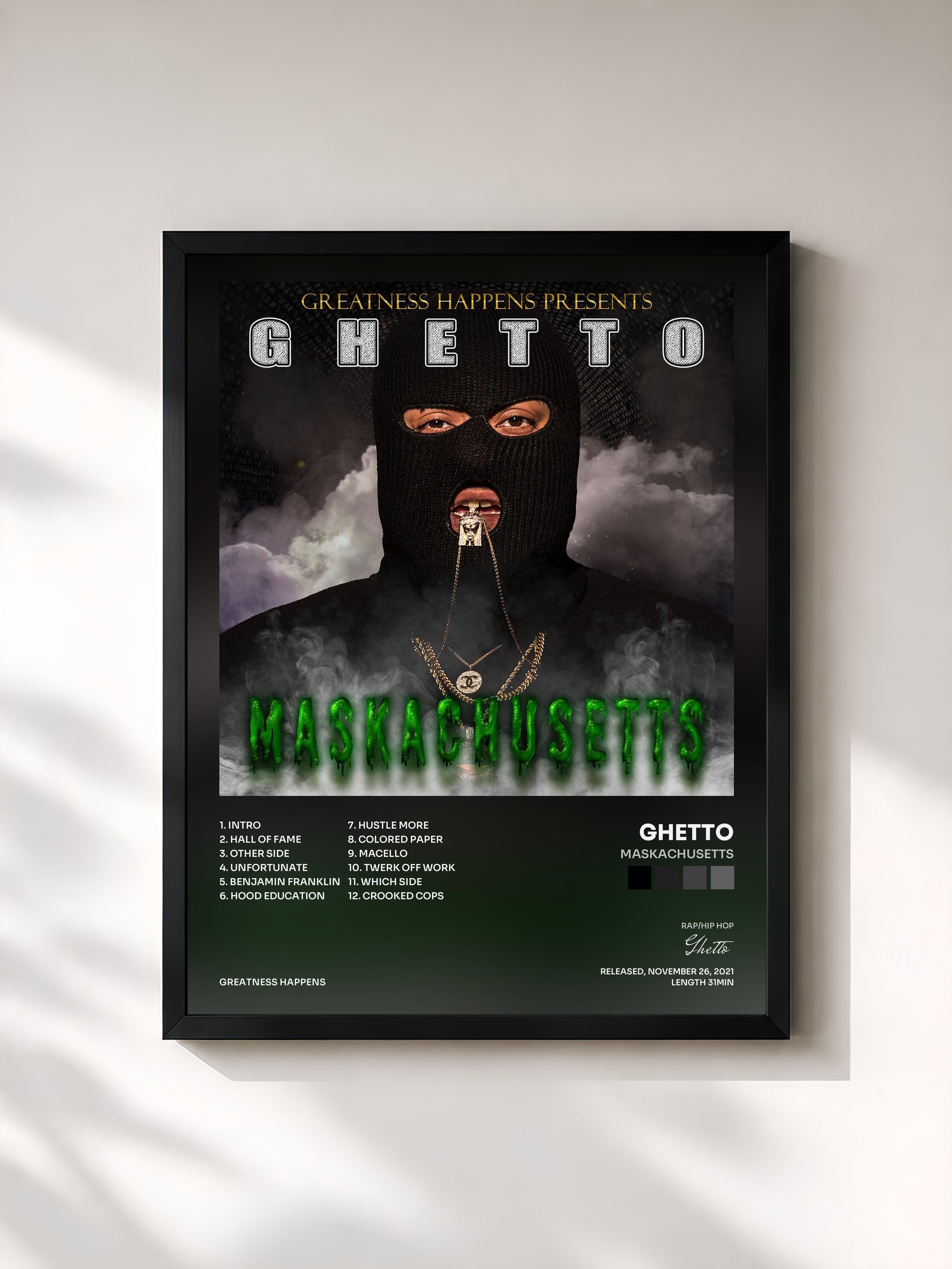 #noir Tableau de l'album Maskachusetts de Ghetto, cadre noir, imprimé et encadré en France