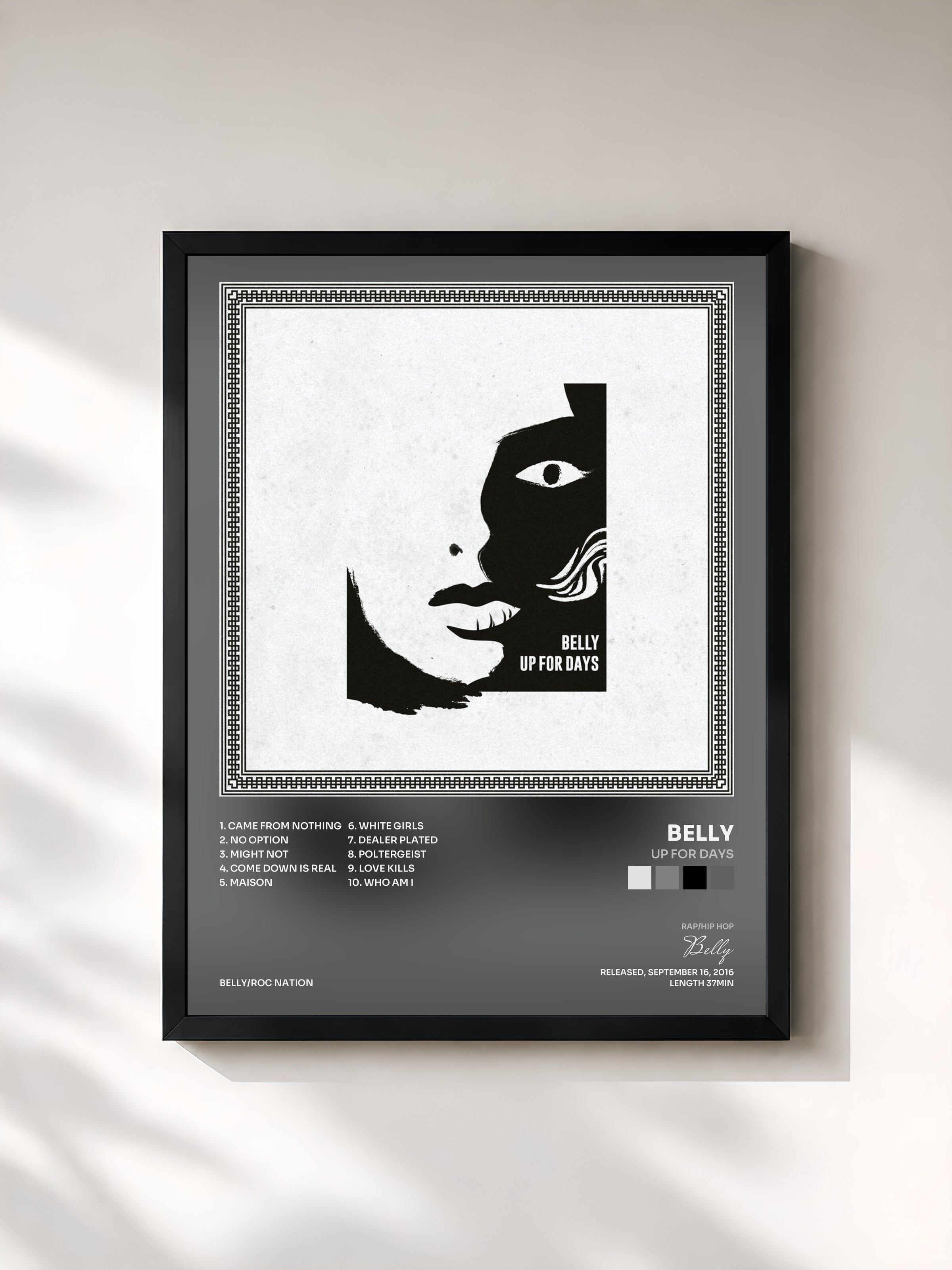 #noir Tableau de l'album Up For Days de Belly, cadre noir, imprimé et encadré en France