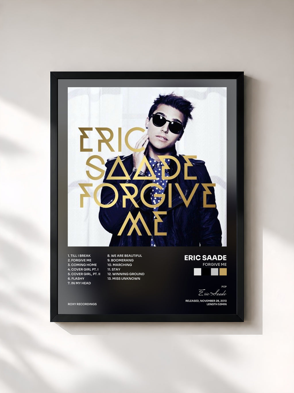 #noir Tableau de l'album Forgive Me de Eric Saade, cadre noir, imprimé et encadré en France