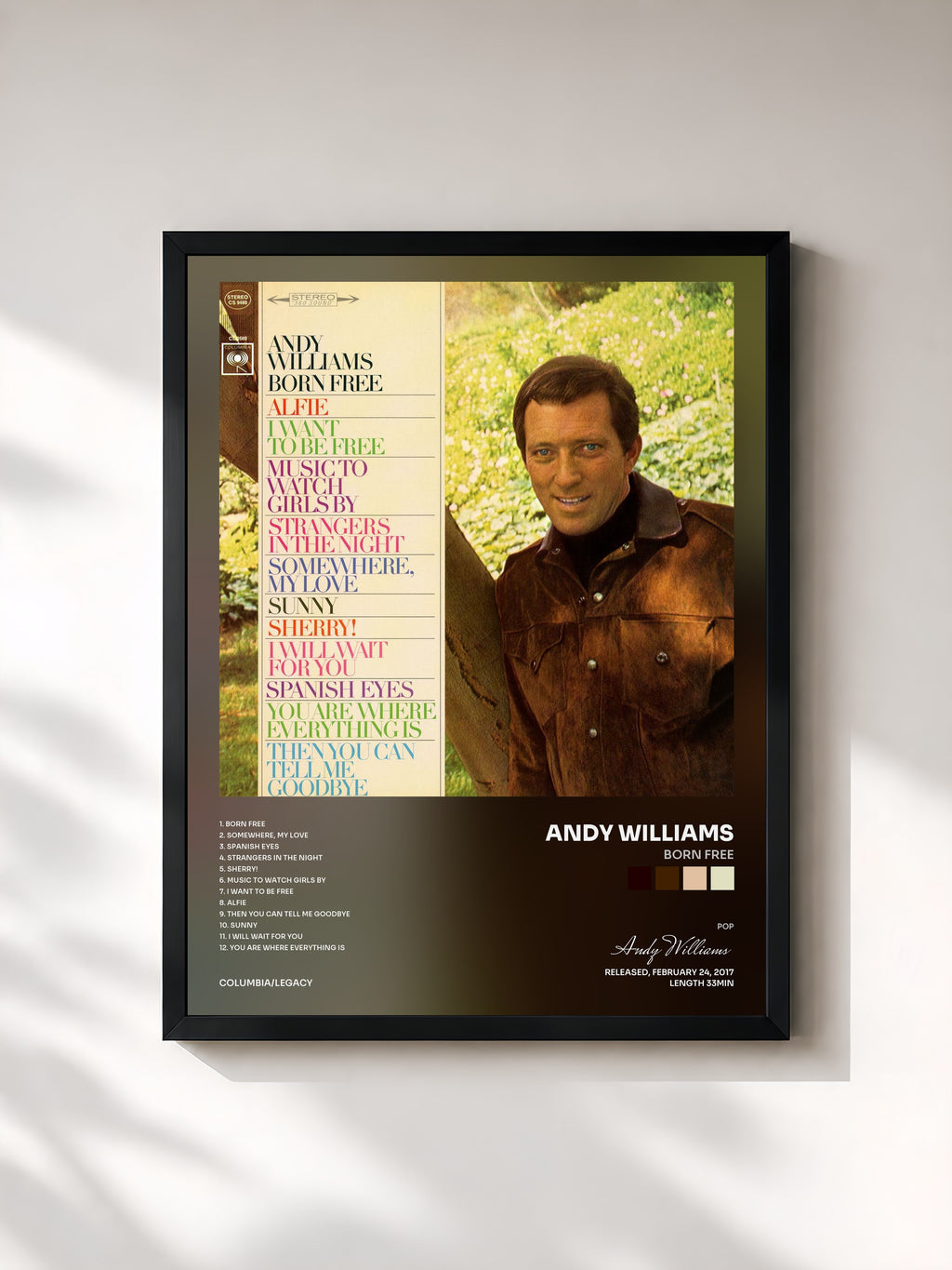 #noir Tableau de l'album Born Free de Andy Williams, cadre noir, imprimé et encadré en France