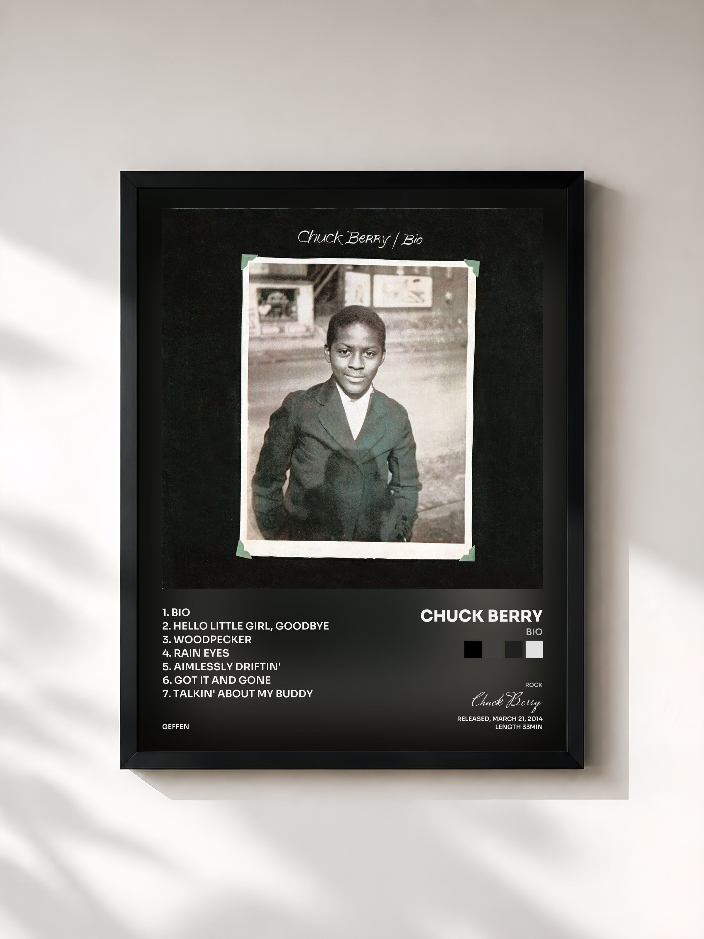 #noir Tableau de l'album Bio de Chuck Berry, cadre noir, imprimé et encadré en France