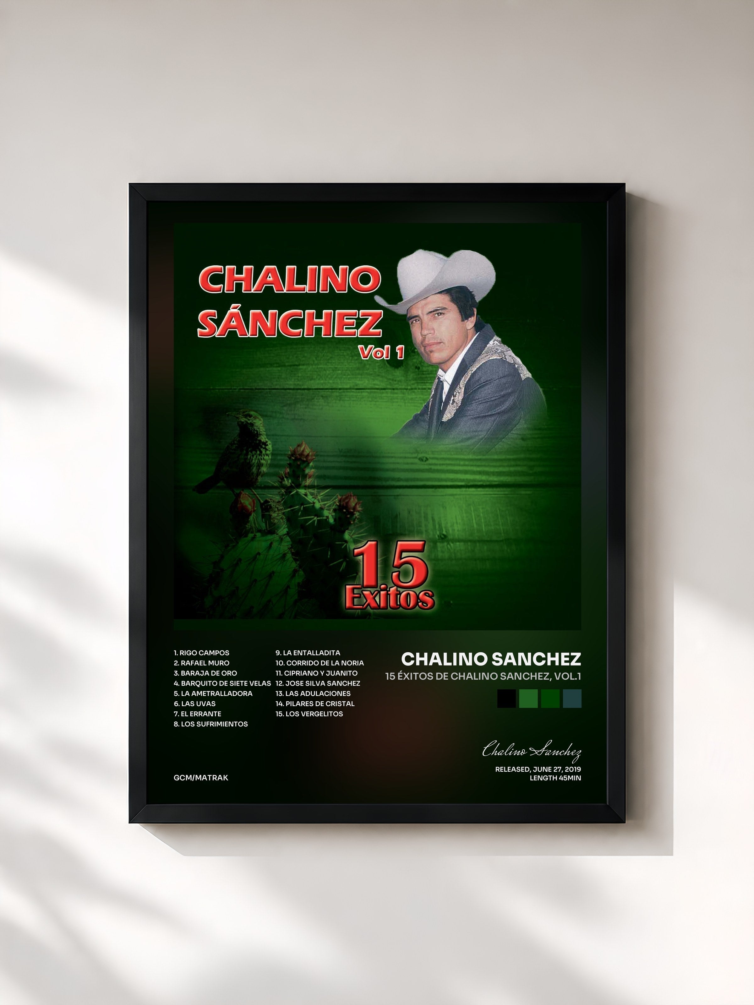 #noir Tableau de l'album 15 Éxitos de Chalino Sanchez, Vol.1 de Chalino Sanchez, cadre noir, imprimé et encadré en France
