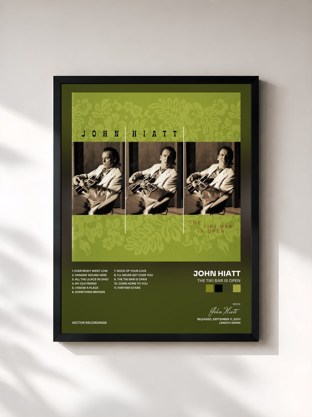 #noir Tableau de l'album The Tiki Bar Is Open de John Hiatt, cadre noir, imprimé et encadré en France
