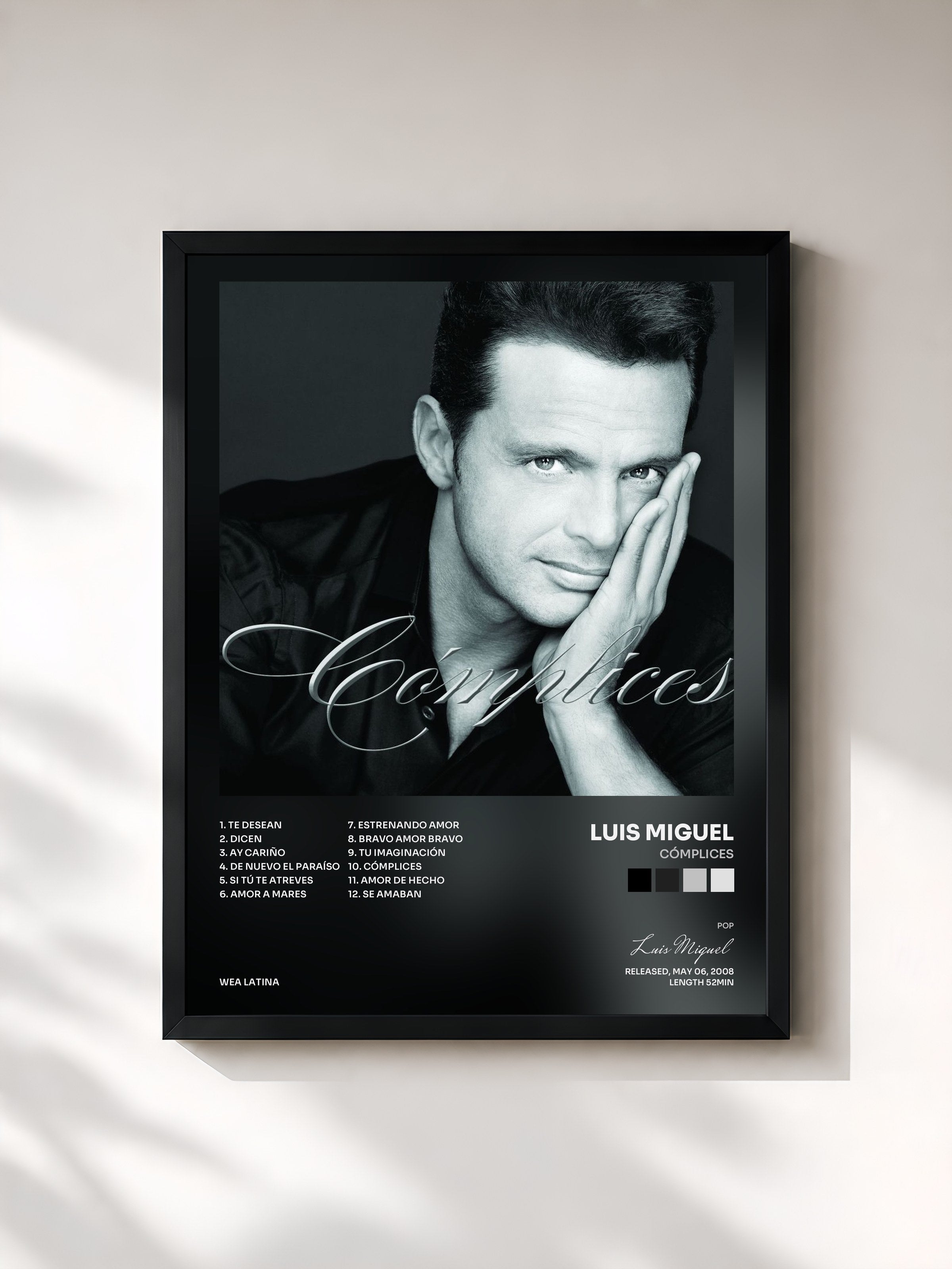 #noir Tableau de l'album Cómplices de Luis Miguel, cadre noir, imprimé et encadré en France