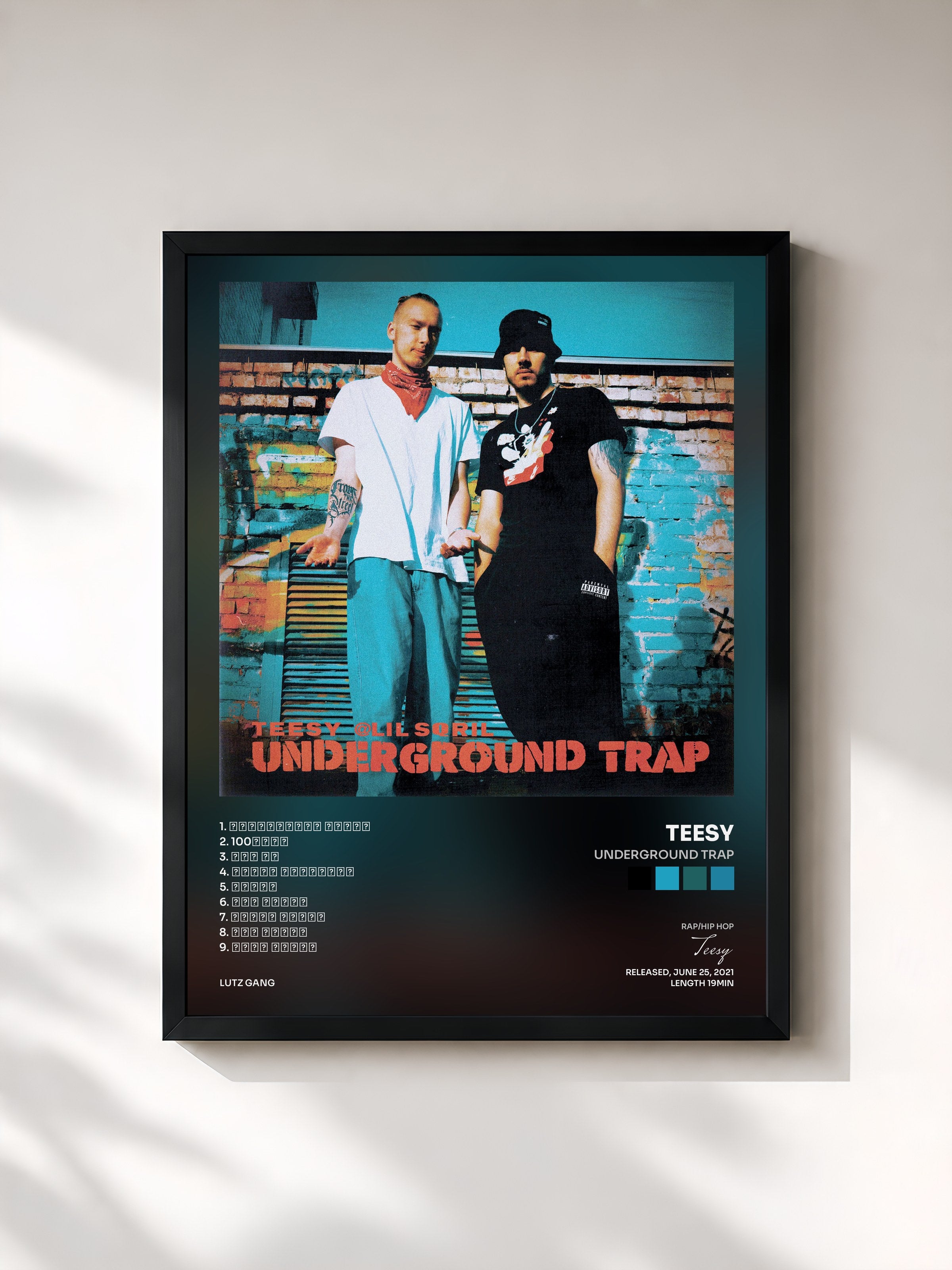 #noir Tableau de l'album Underground Trap de Teesy, cadre noir, imprimé et encadré en France
