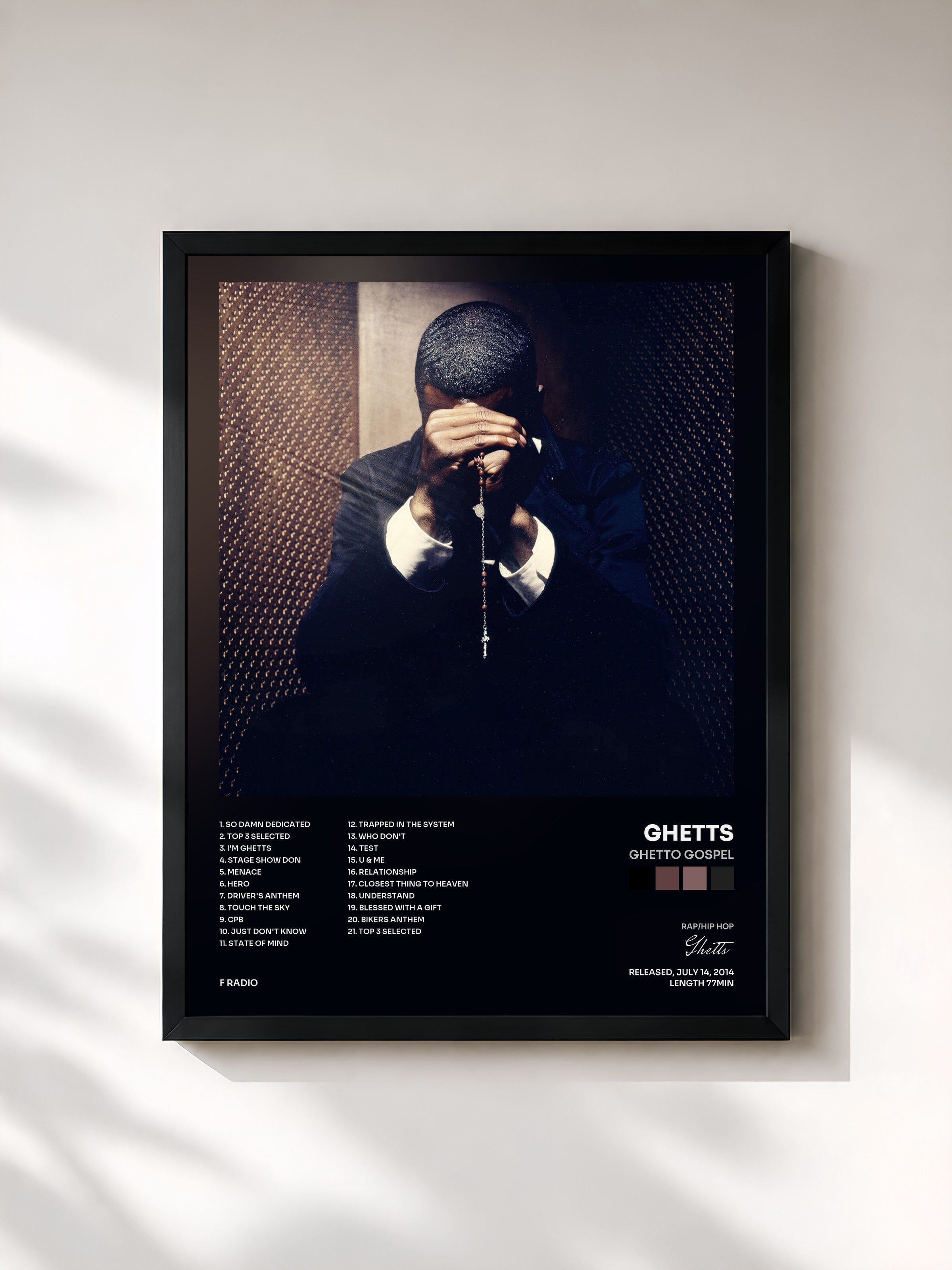 #noir Tableau de l'album Ghetto Gospel de Ghetts, cadre noir, imprimé et encadré en France