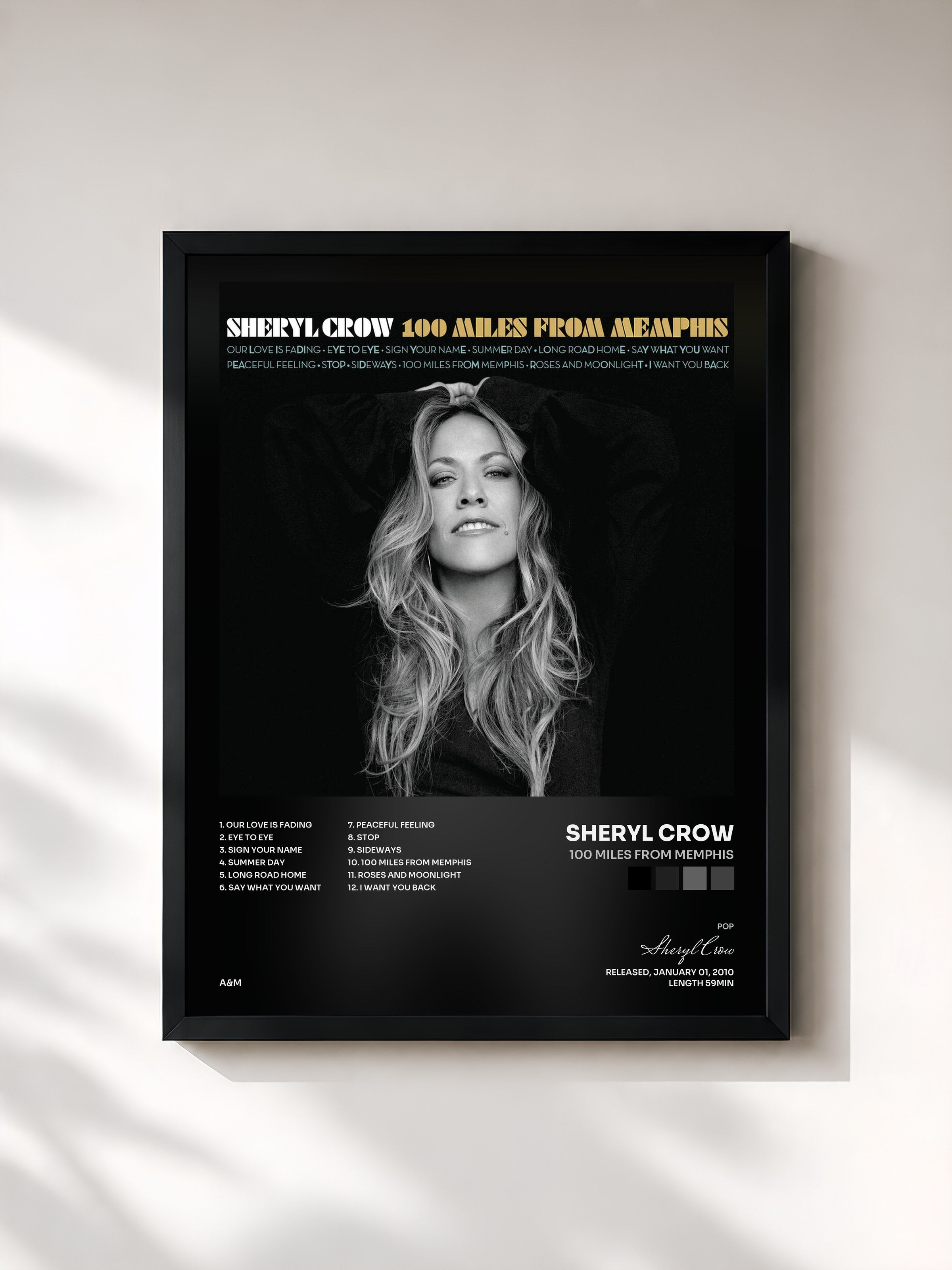 #noir Tableau de l'album 100 Miles From Memphis de Sheryl Crow, cadre noir, imprimé et encadré en France