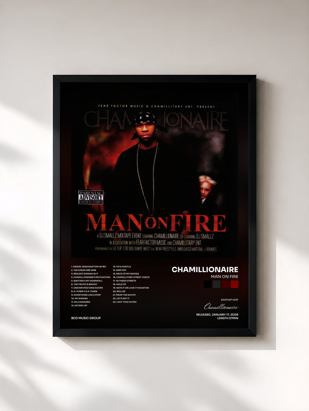 #noir Tableau de l'album Man On Fire de Chamillionaire, cadre noir, imprimé et encadré en France