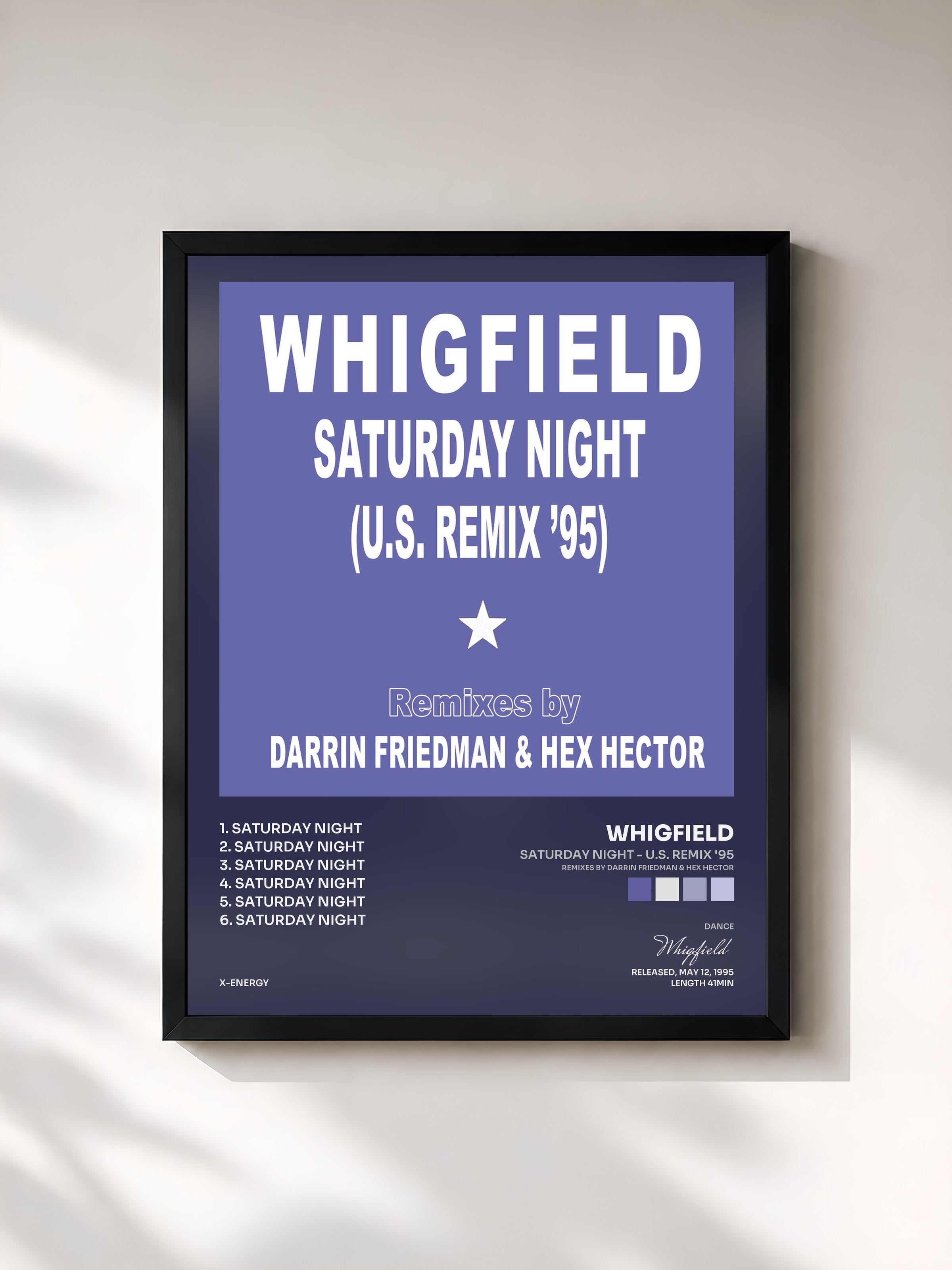 #noir Tableau de l'album Saturday Night - U.S. Remix '95 (Remixes by Darrin Friedman & Hex Hector) de Whigfield, cadre noir, imprimé et encadré en France