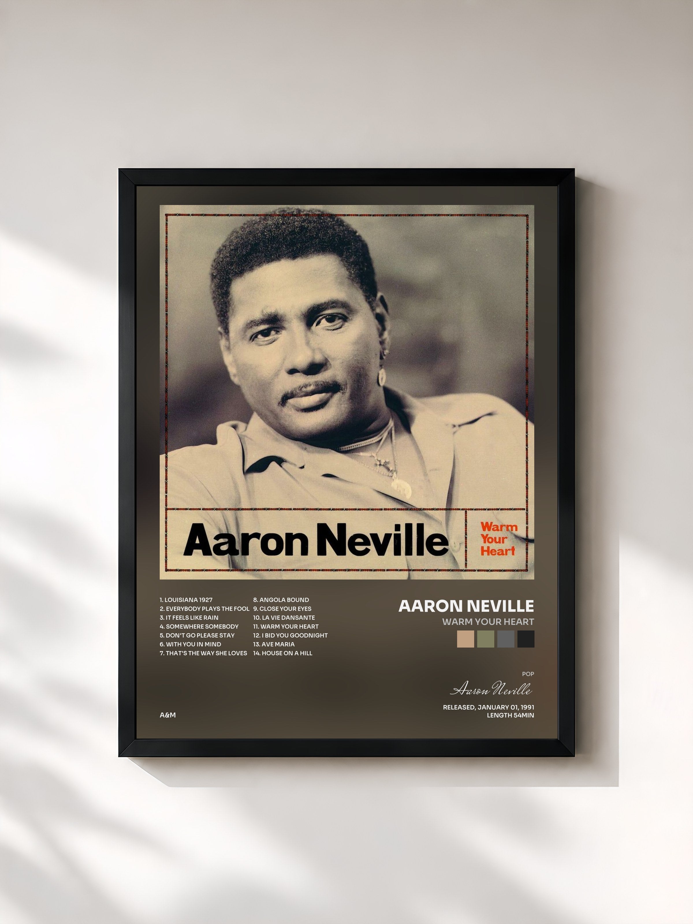 #noir Tableau de l'album Warm Your Heart de Aaron Neville, cadre noir, imprimé et encadré en France