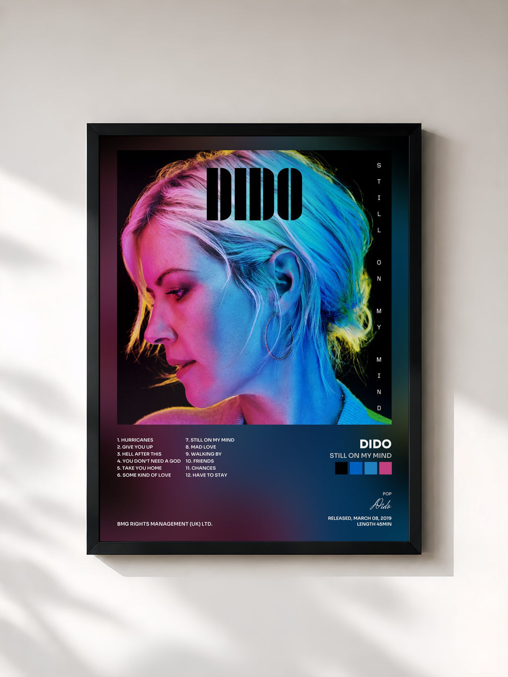 #noir Tableau de l'album Still on My Mind de Dido, cadre noir, imprimé et encadré en France