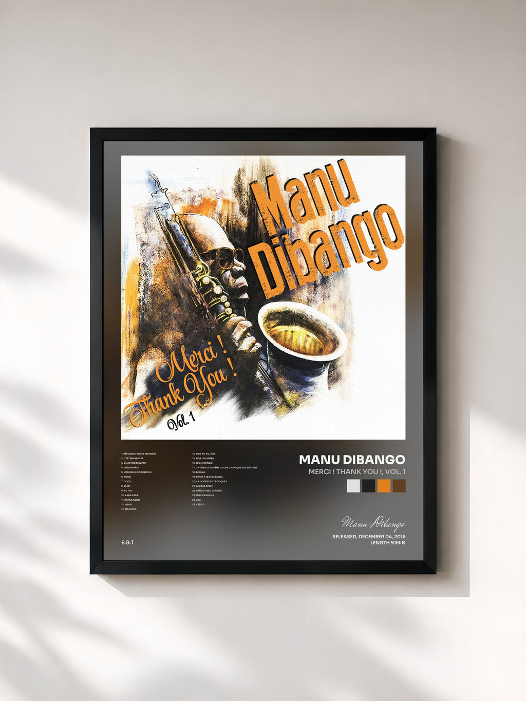 #noir Tableau de l'album Merci ! Thank You !, Vol. 1 de Manu Dibango, cadre noir, imprimé et encadré en France
