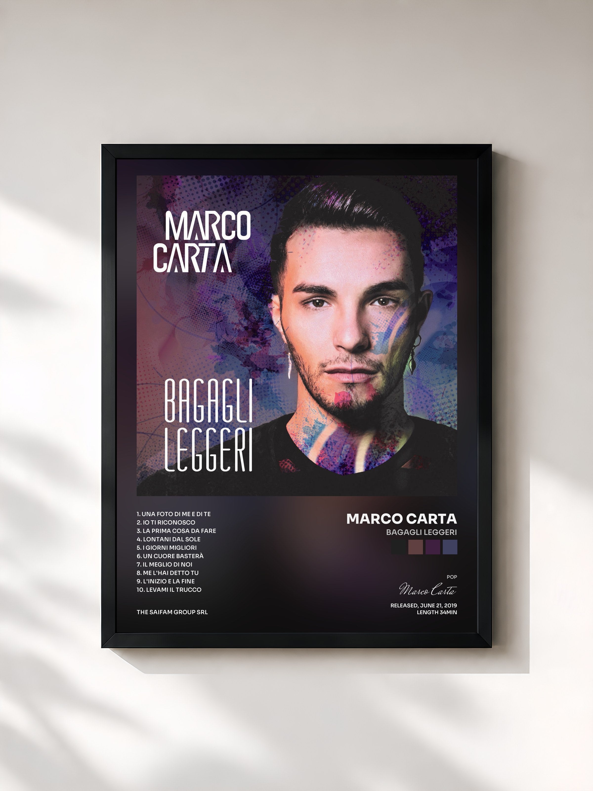 #noir Tableau de l'album Bagagli Leggeri de Marco Carta, cadre noir, imprimé et encadré en France