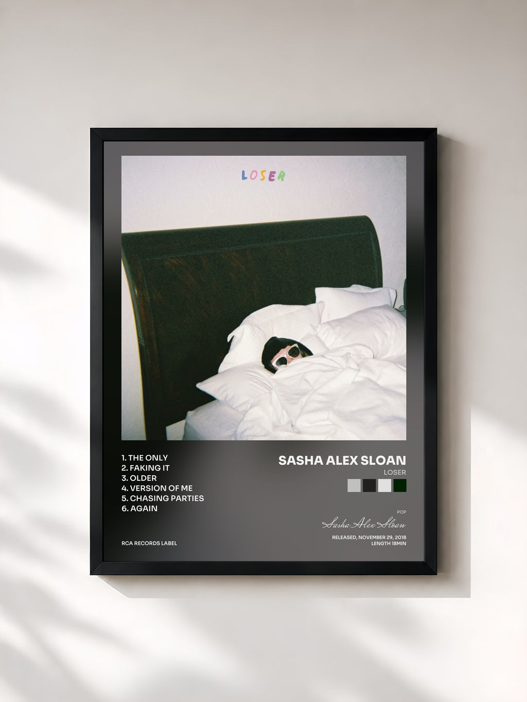 #noir Tableau de l'album Loser de Sasha Alex Sloan, cadre noir, imprimé et encadré en France