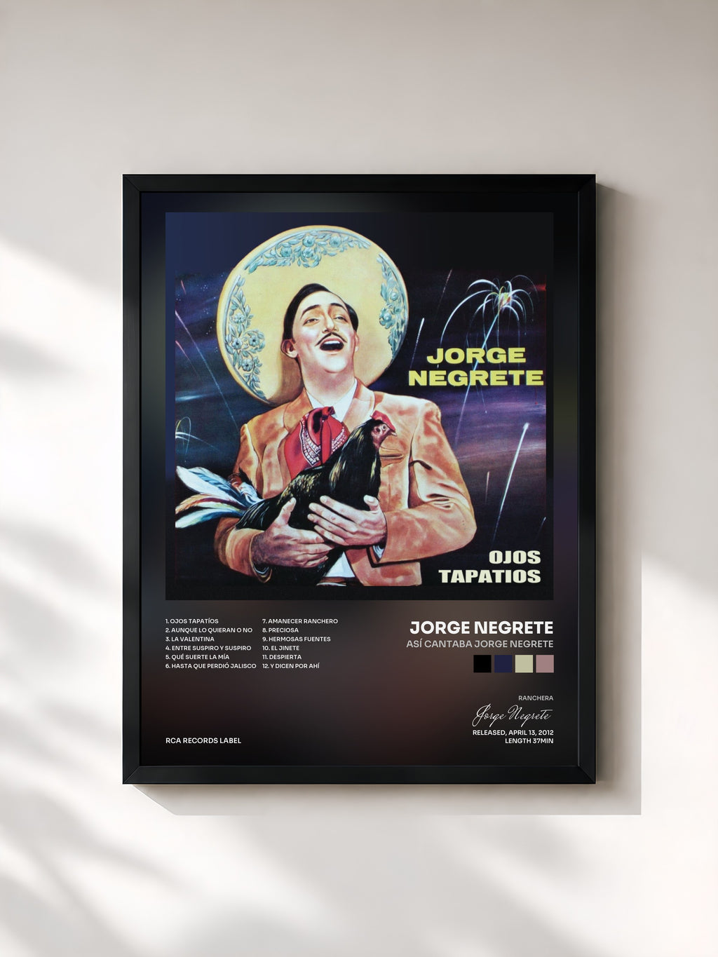#noir Tableau de l'album Así Cantaba Jorge Negrete de Jorge Negrete, cadre noir, imprimé et encadré en France
