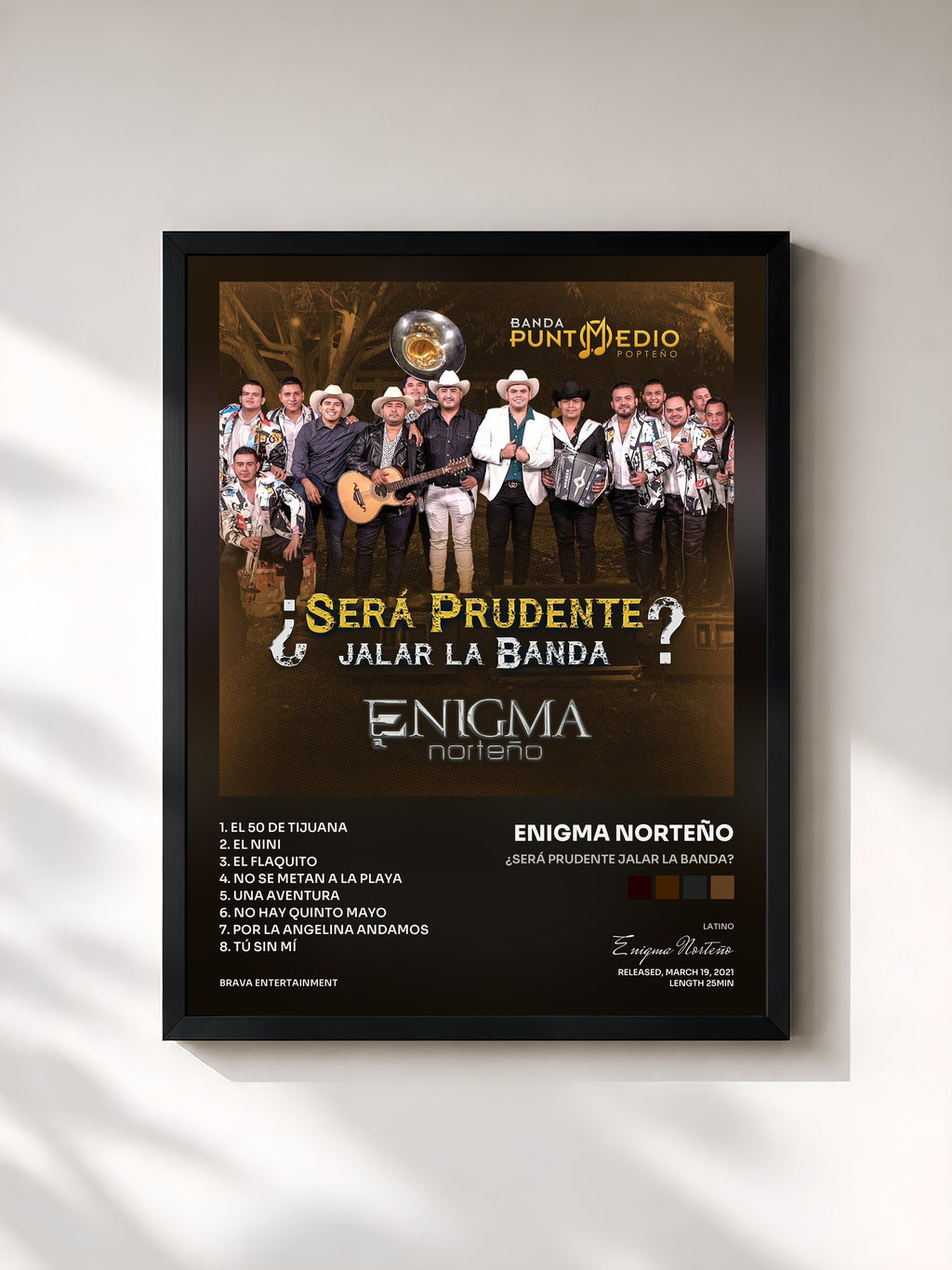 #noir Tableau de l'album ¿Será Prudente Jalar La Banda? de Enigma Norteño, cadre noir, imprimé et encadré en France