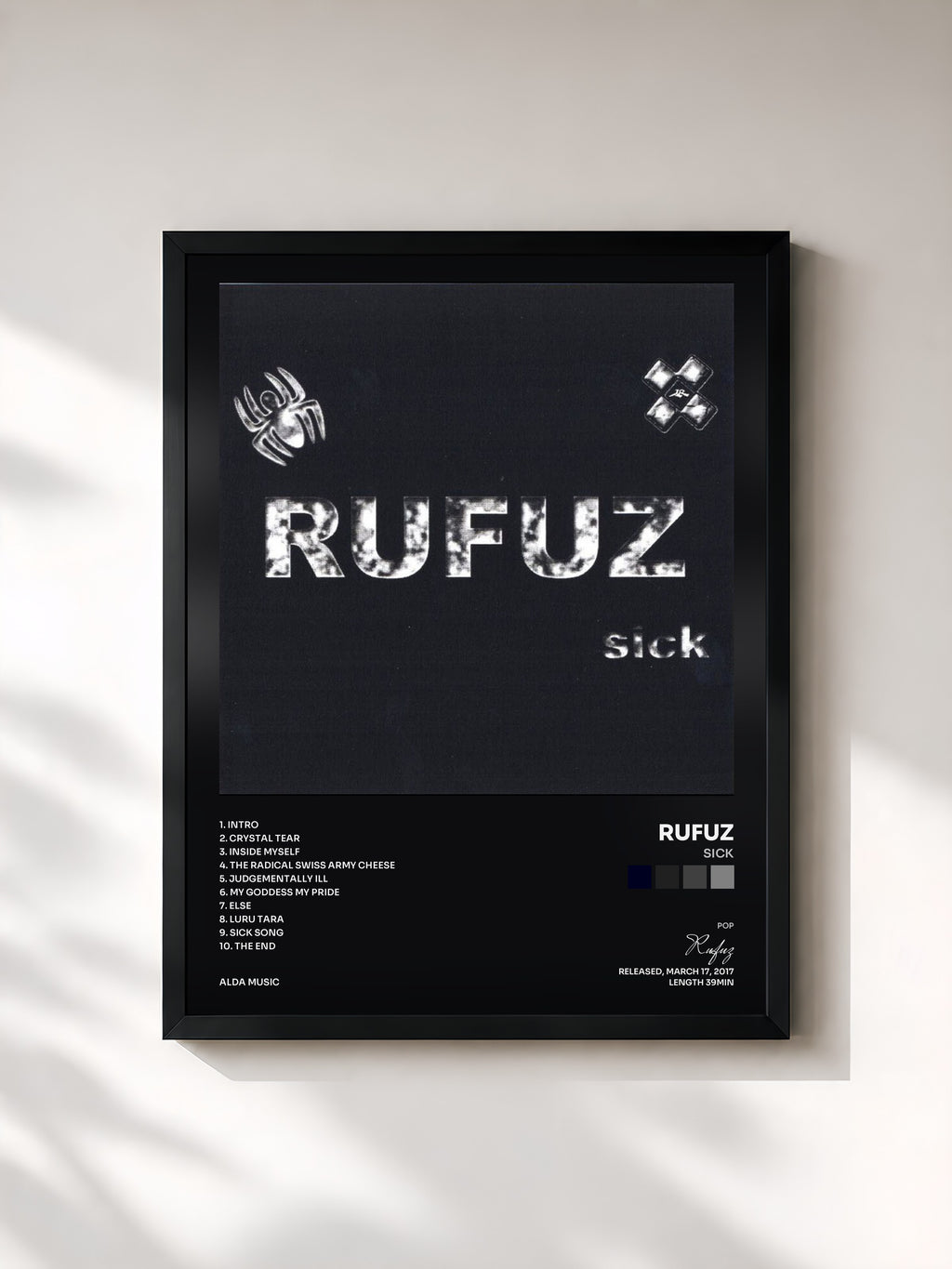 #noir Tableau de l'album Sick de Rufuz, cadre noir, imprimé et encadré en France