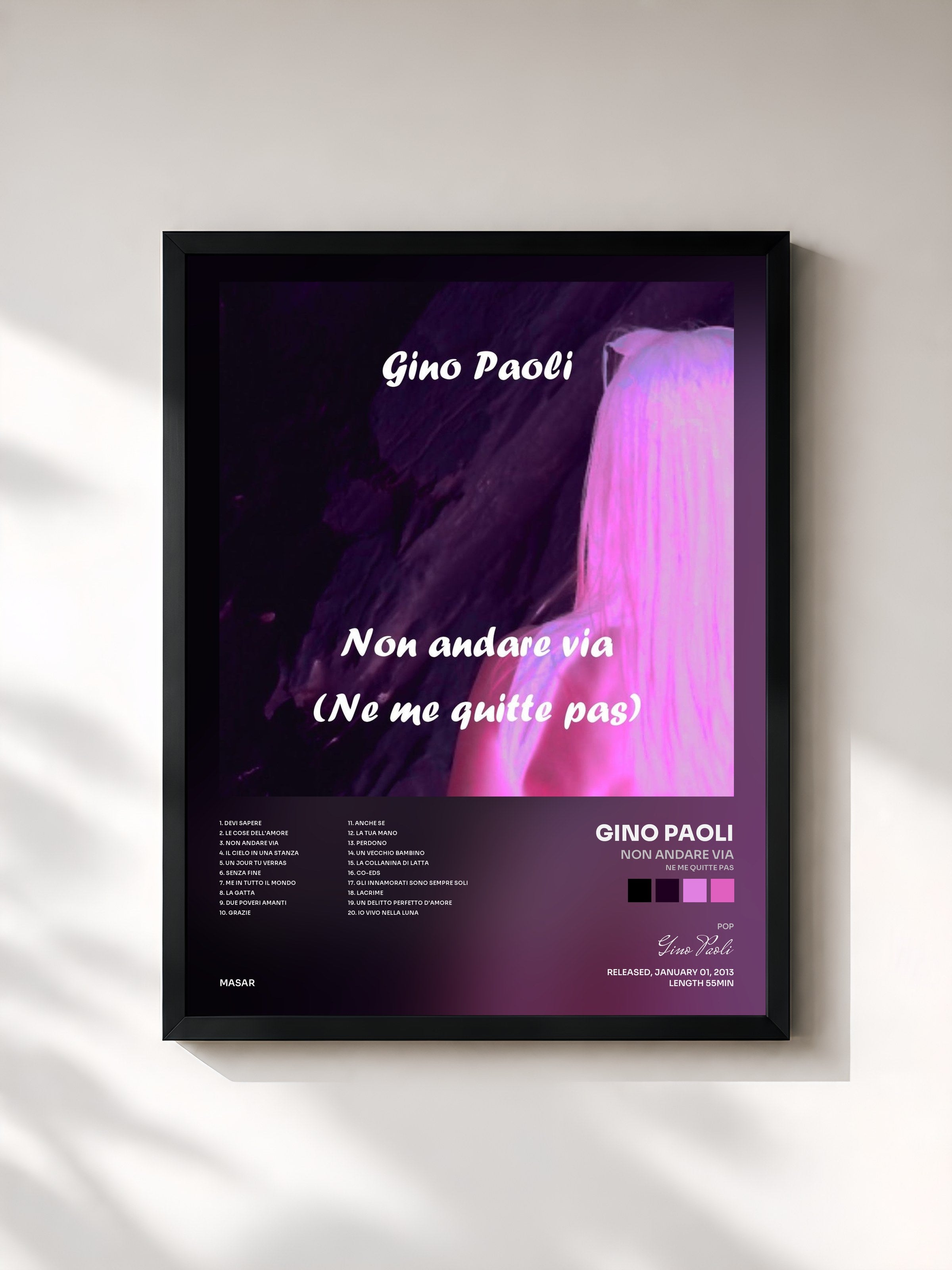 #noir Tableau de l'album Non andare via (Ne me quitte pas) de Gino Paoli, cadre noir, imprimé et encadré en France