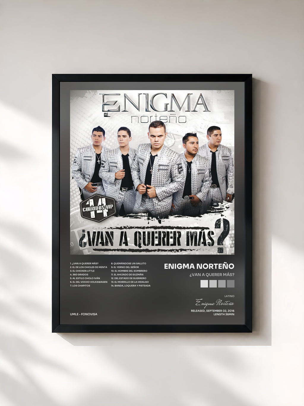 #noir Tableau de l'album ¿Van A Querer Más? de Enigma Norteño, cadre noir, imprimé et encadré en France