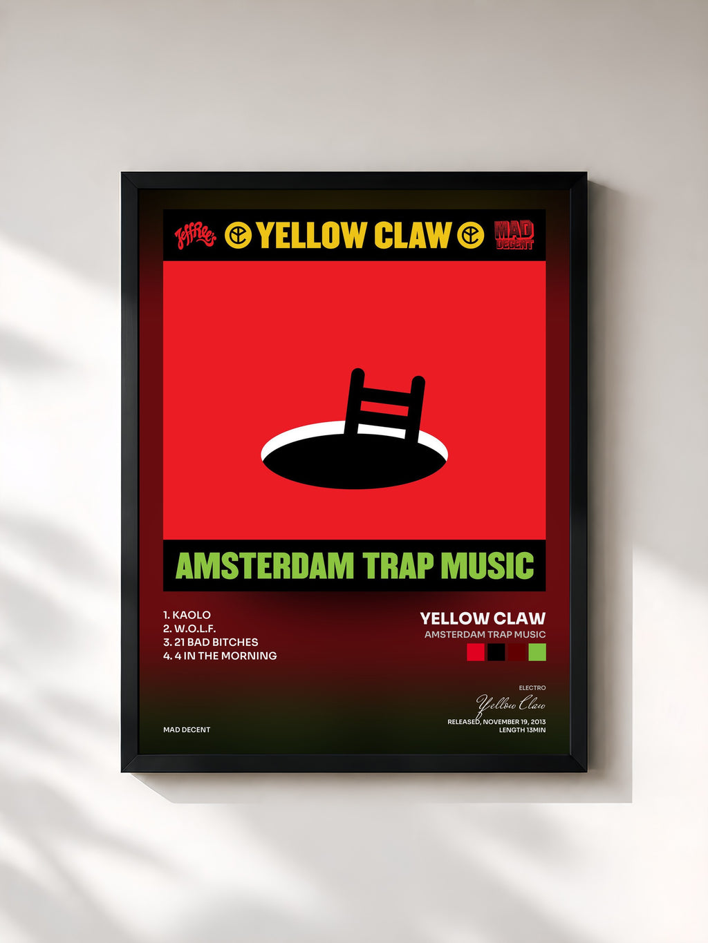 #noir Tableau de l'album Amsterdam Trap Music de Yellow Claw, cadre noir, imprimé et encadré en France