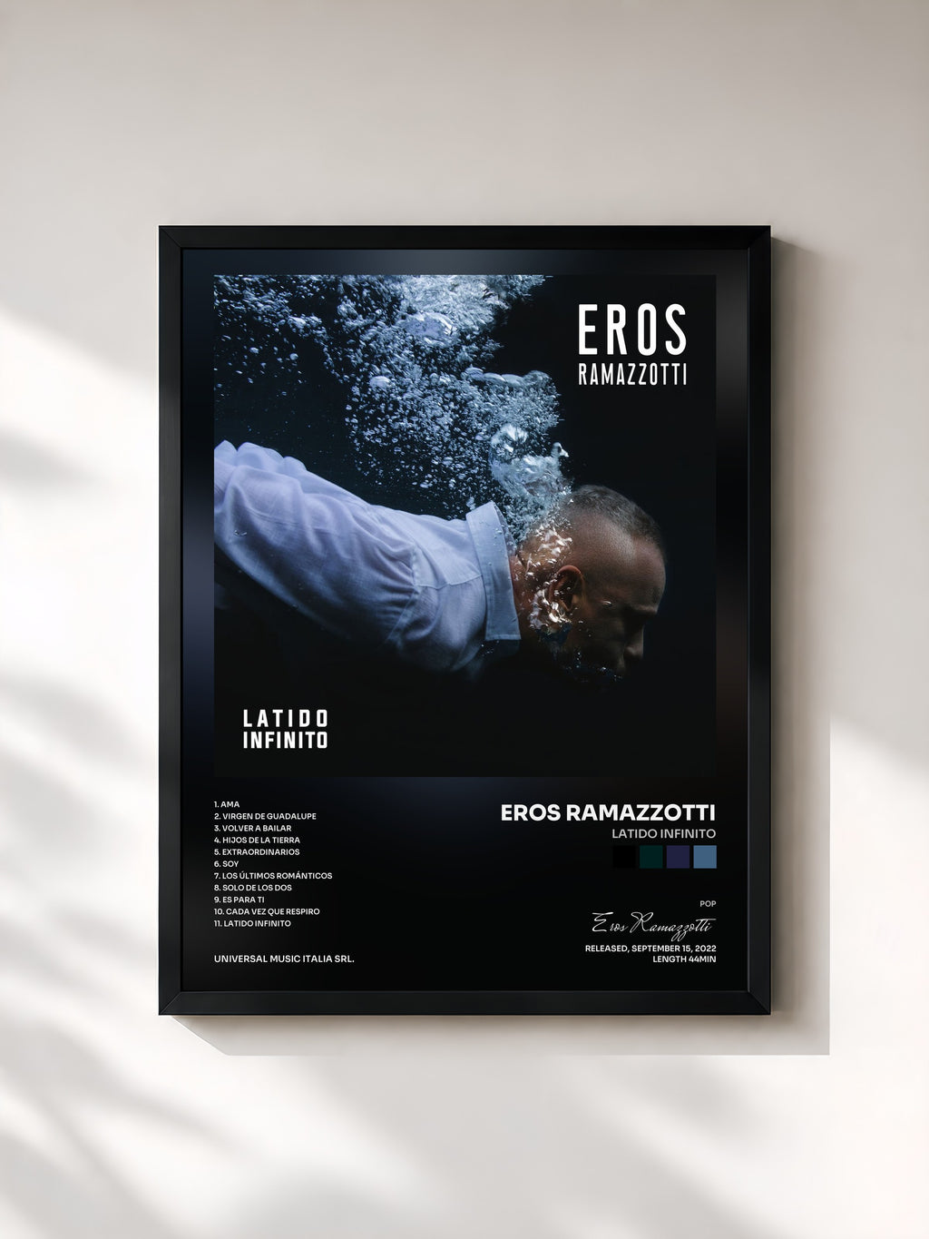 #noir Tableau de l'album Latido Infinito de Eros Ramazzotti, cadre noir, imprimé et encadré en France