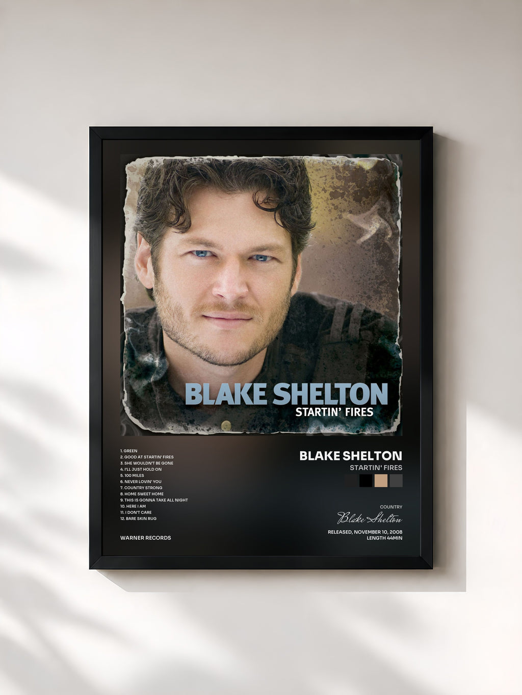 #noir Tableau de l'album Startin' Fires de Blake Shelton, cadre noir, imprimé et encadré en France