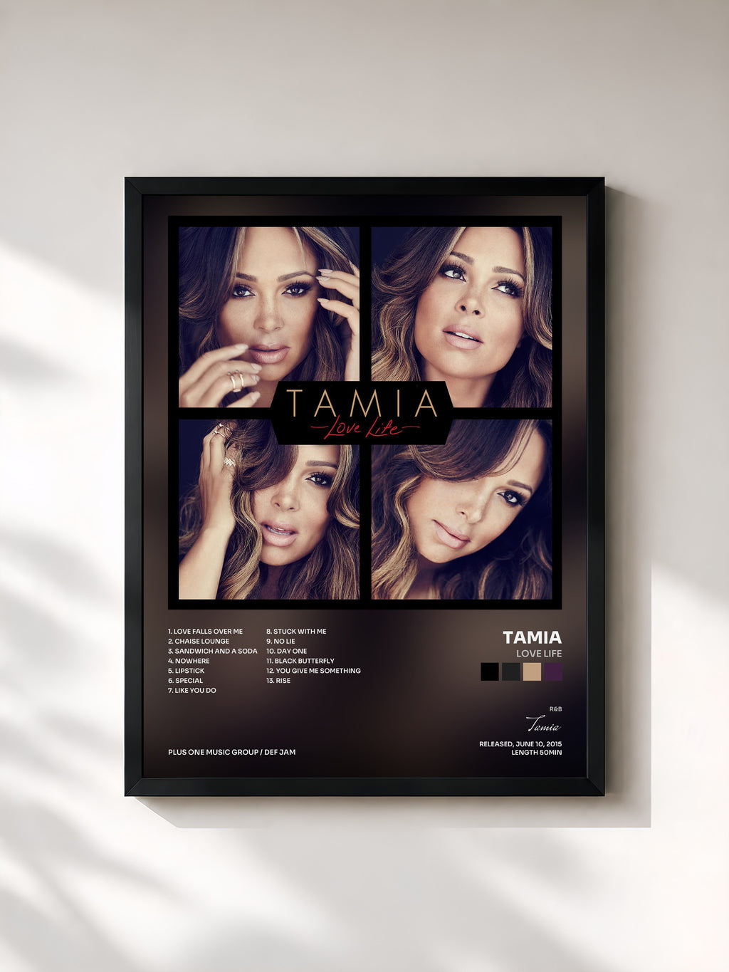 #noir Tableau de l'album Love Life de Tamia, cadre noir, imprimé et encadré en France