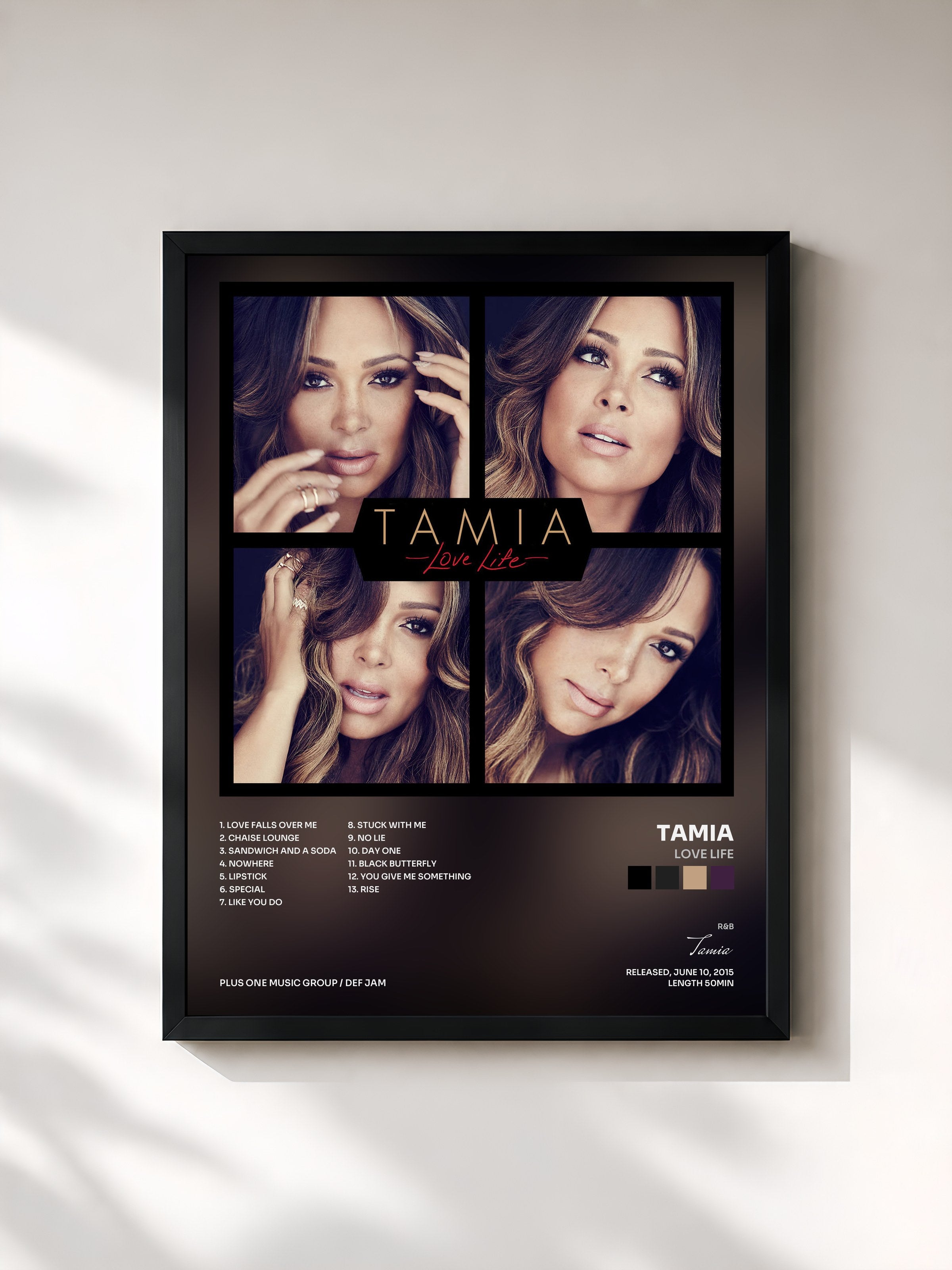 #noir Tableau de l'album Love Life de Tamia, cadre noir, imprimé et encadré en France
