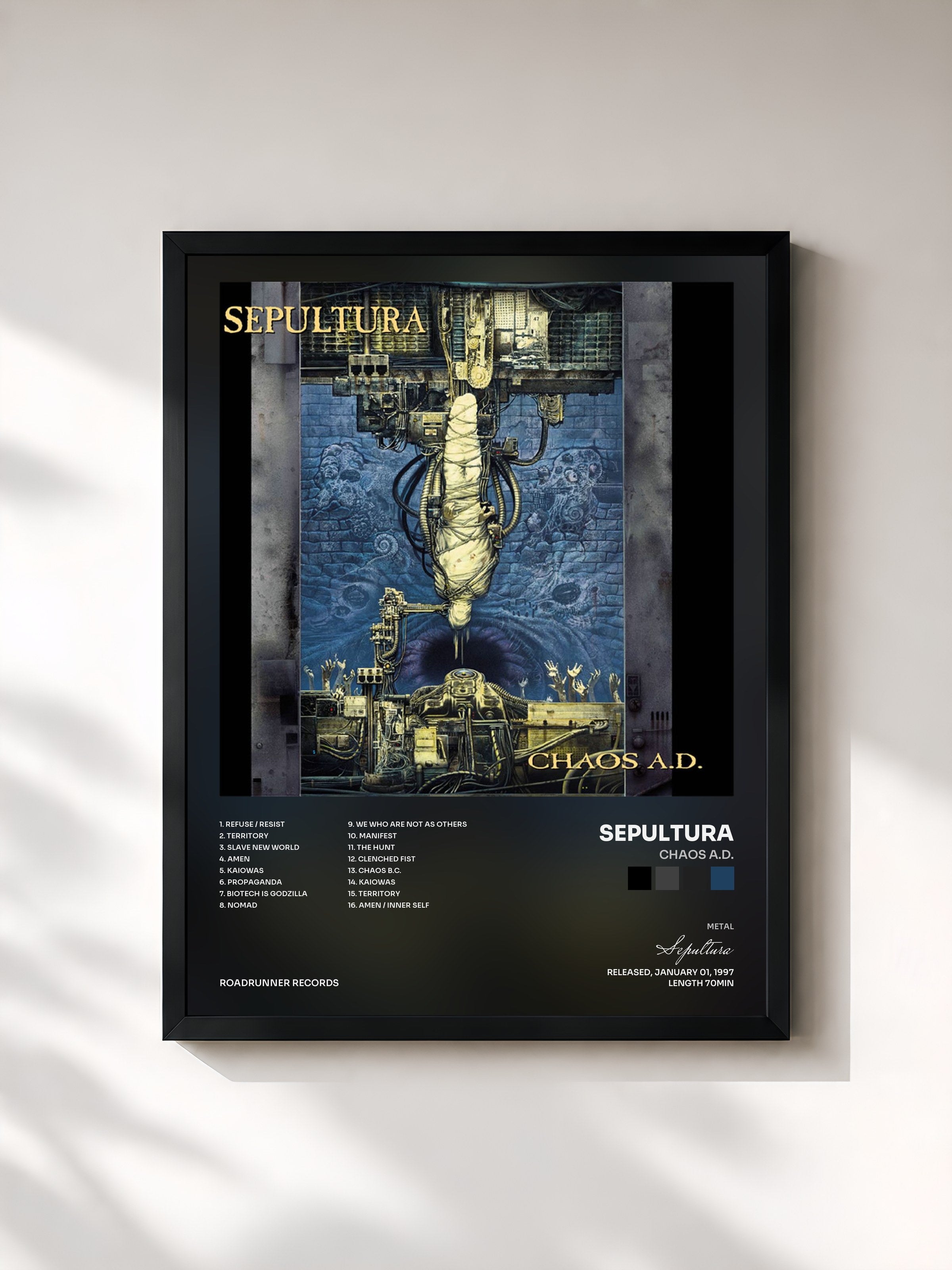 #noir Tableau de l'album Chaos A.D. de Sepultura, cadre noir, imprimé et encadré en France