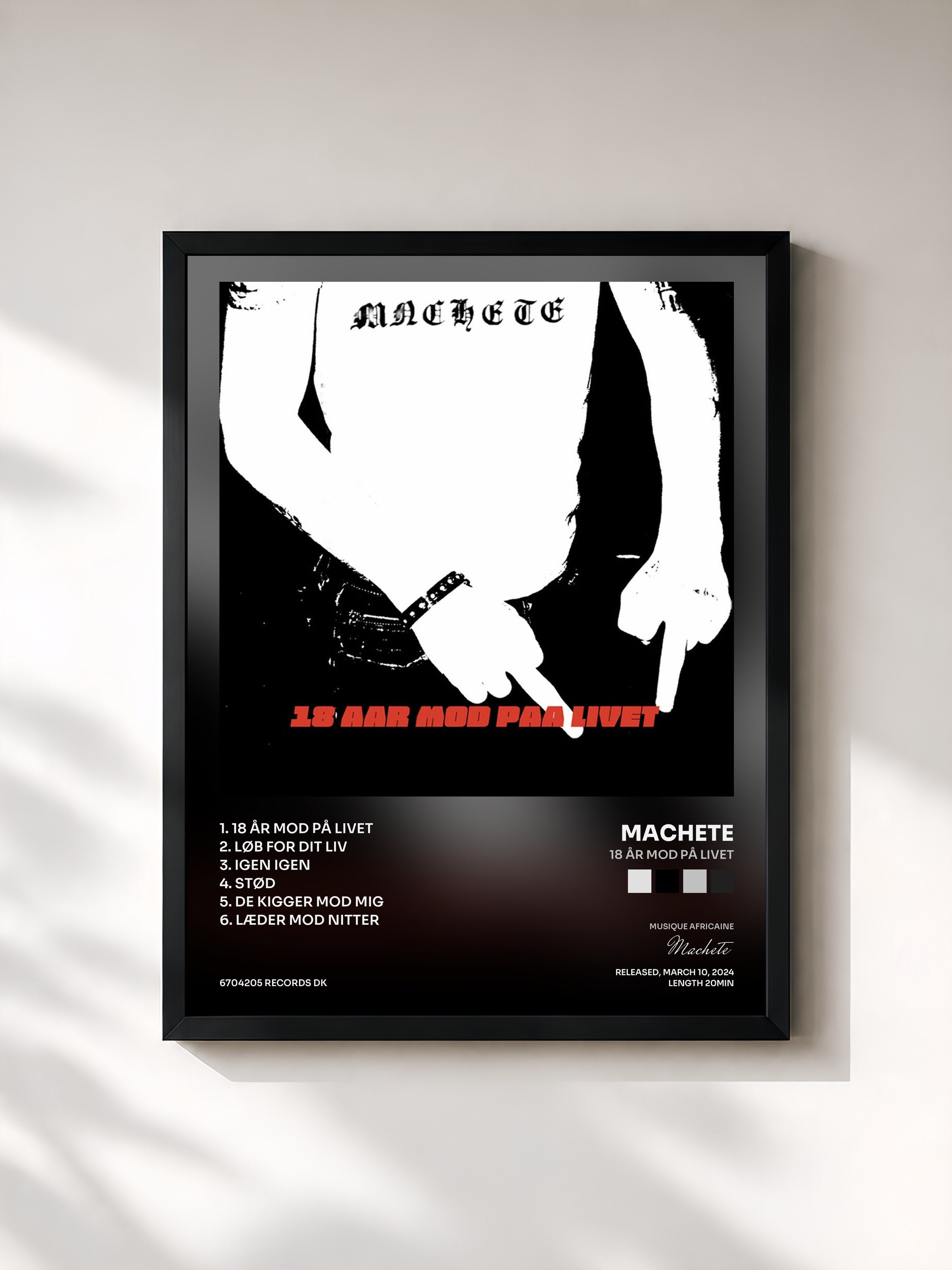 #noir Tableau de l'album 18 ÅR MOD PÅ LIVET de Machete, cadre noir, imprimé et encadré en France