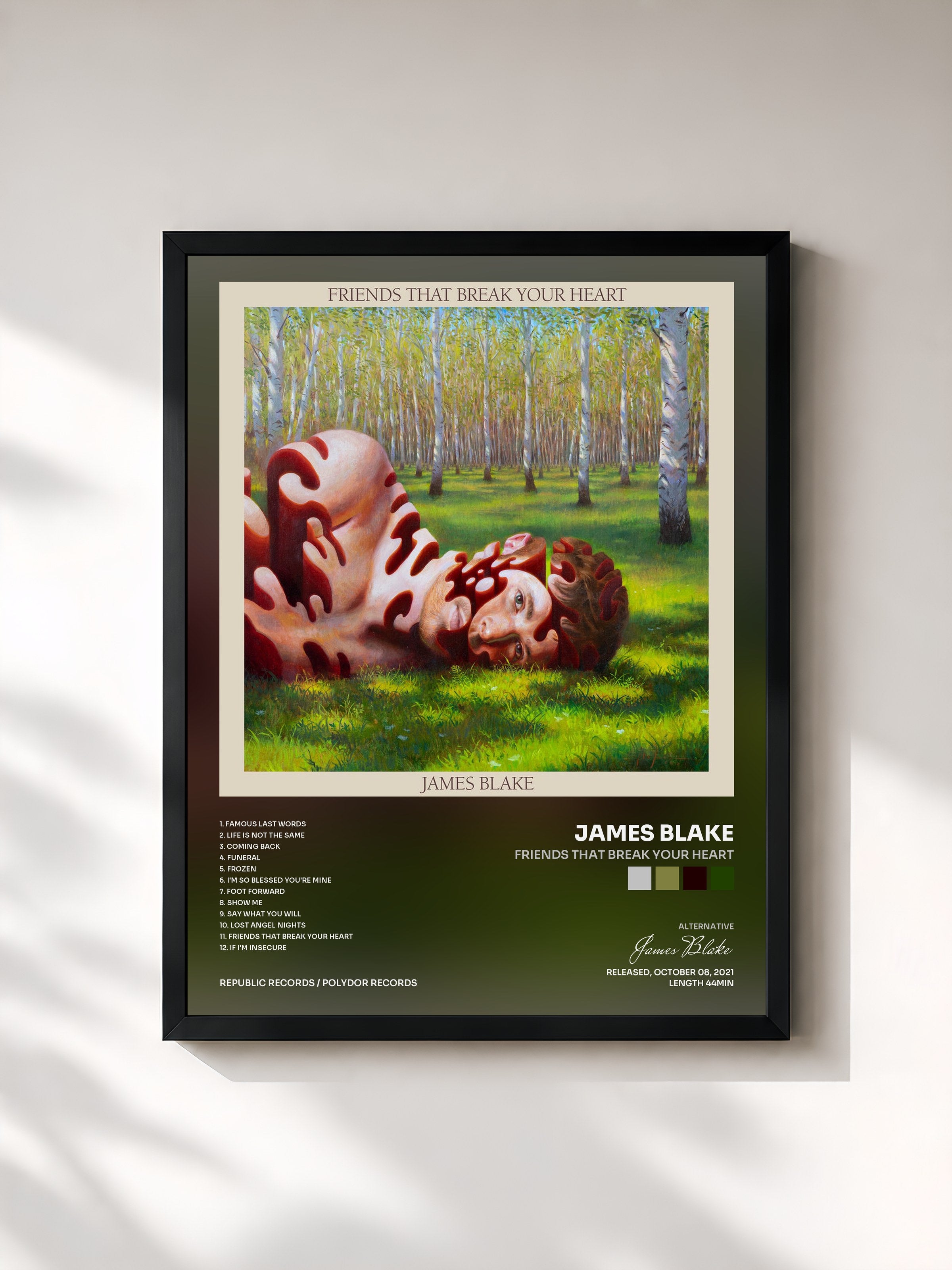 #noir Tableau de l'album Friends That Break Your Heart de James Blake, cadre noir, imprimé et encadré en France
