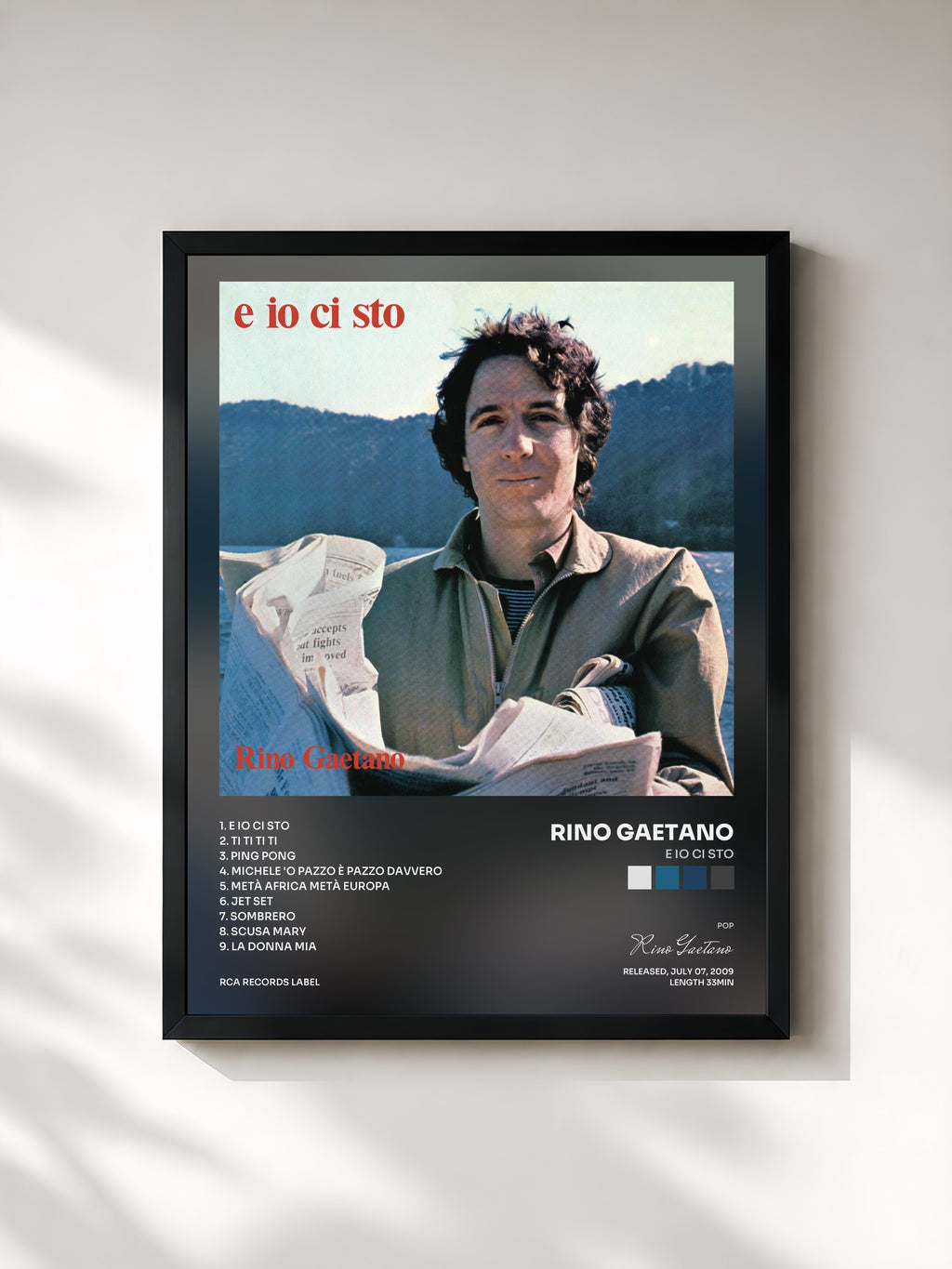 #noir Tableau de l'album E Io Ci Sto de Rino Gaetano, cadre noir, imprimé et encadré en France