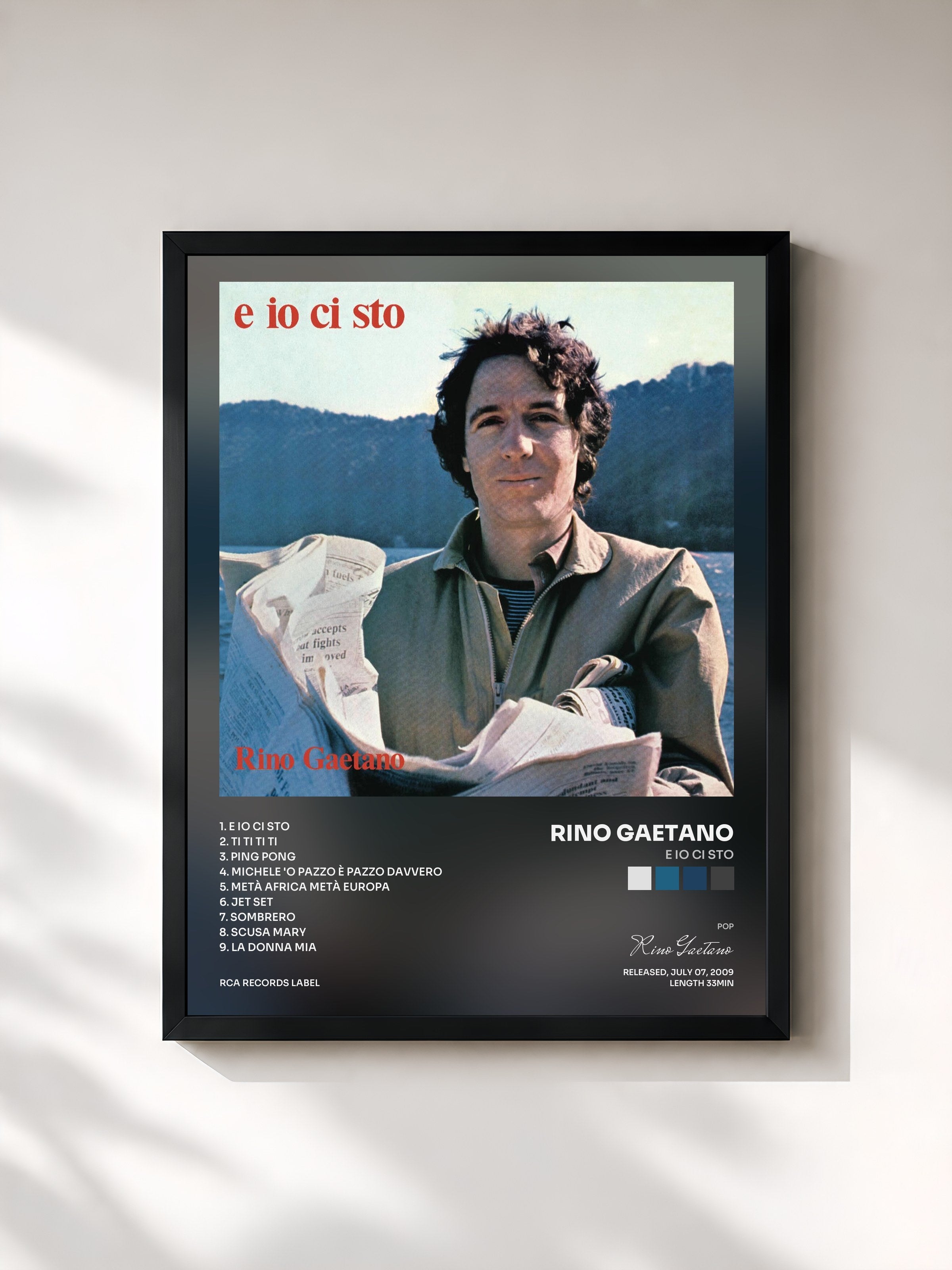 #noir Tableau de l'album E Io Ci Sto de Rino Gaetano, cadre noir, imprimé et encadré en France