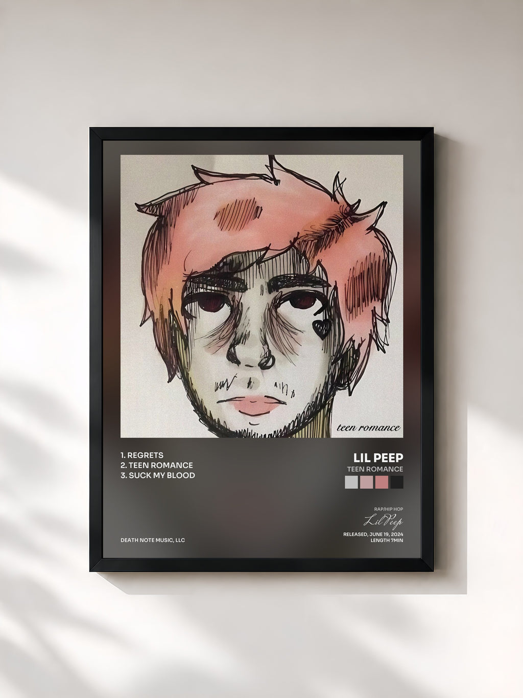 #noir Tableau de l'album teen romance de Lil Peep, cadre noir, imprimé et encadré en France