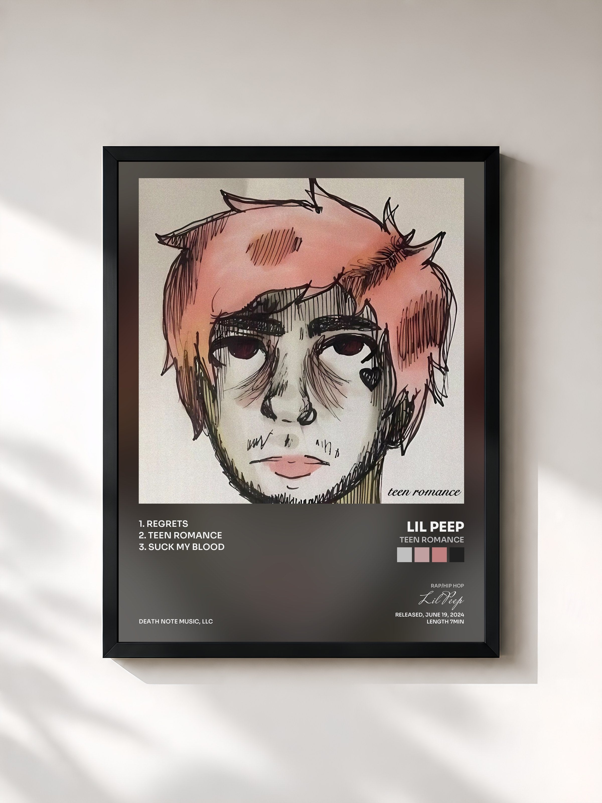 #noir Tableau de l'album teen romance de Lil Peep, cadre noir, imprimé et encadré en France