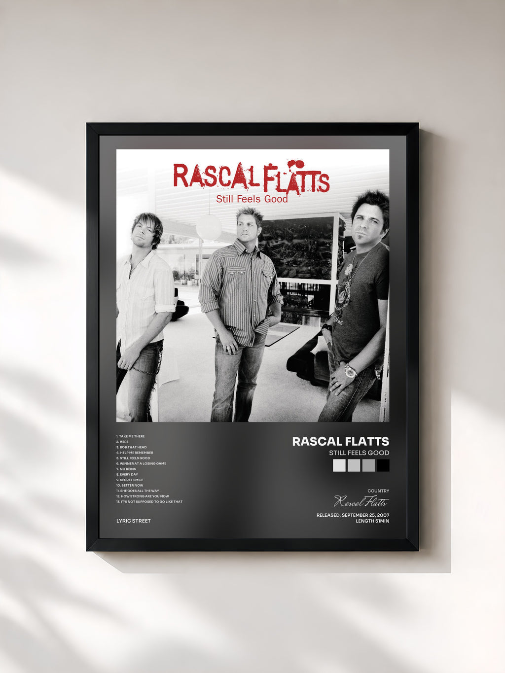 #noir Tableau de l'album Still Feels Good de Rascal Flatts, cadre noir, imprimé et encadré en France