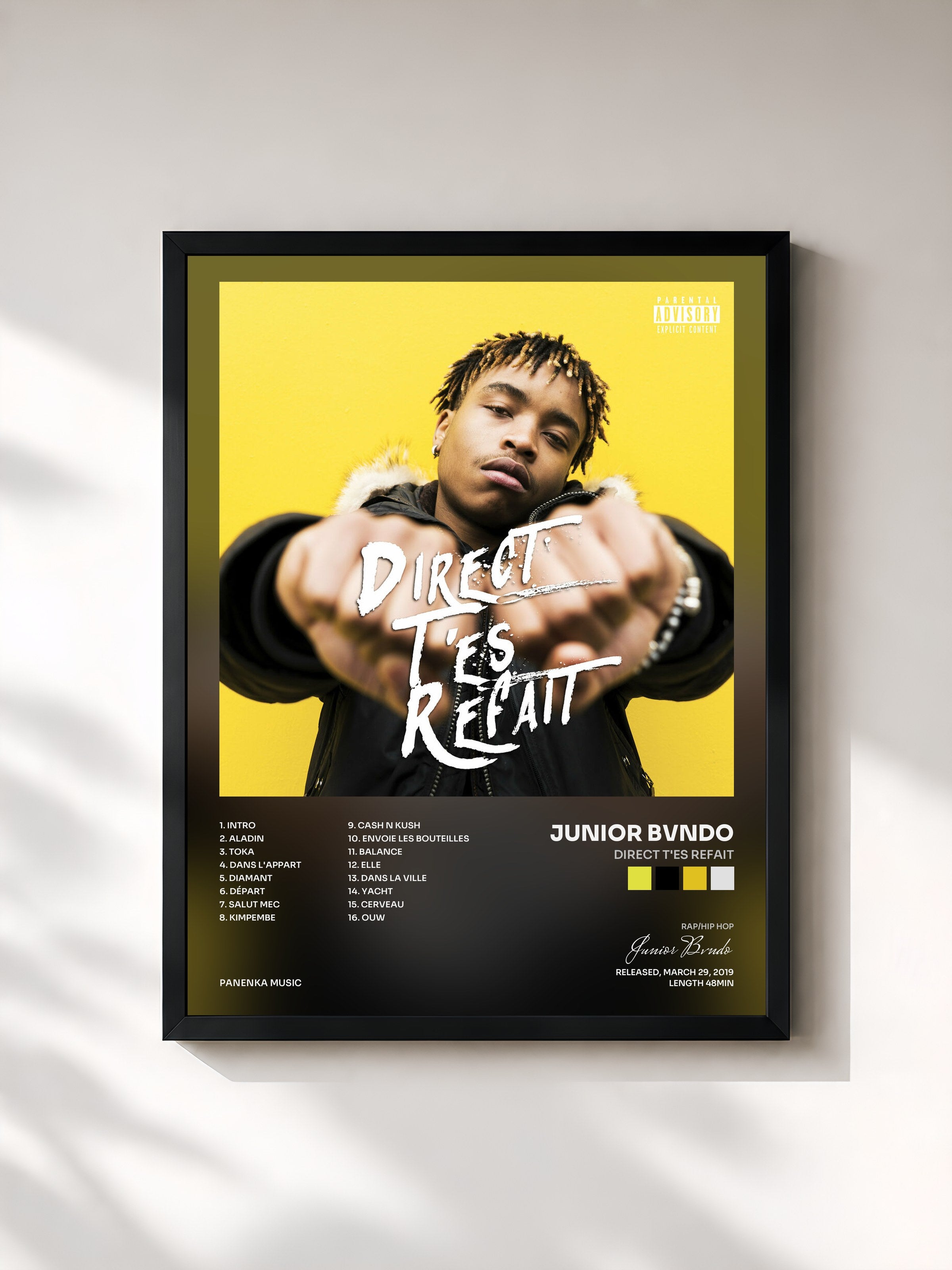 #noir Tableau de l'album Direct T'es Refait de Junior Bvndo, cadre noir, imprimé et encadré en France